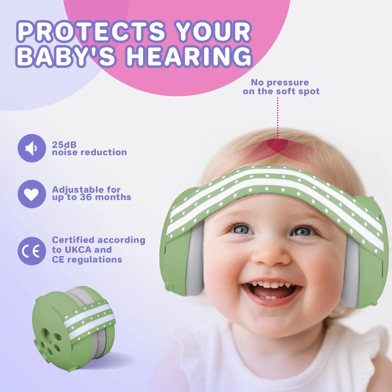Cuffie Antirumore per Neonati e Bambini Piccoli Fino a 36 Mesi, Protettori Acustici per Neonati, Previene i Danni dell’udito, Migliora il Sonno in Viaggio, Verde - immagine 2