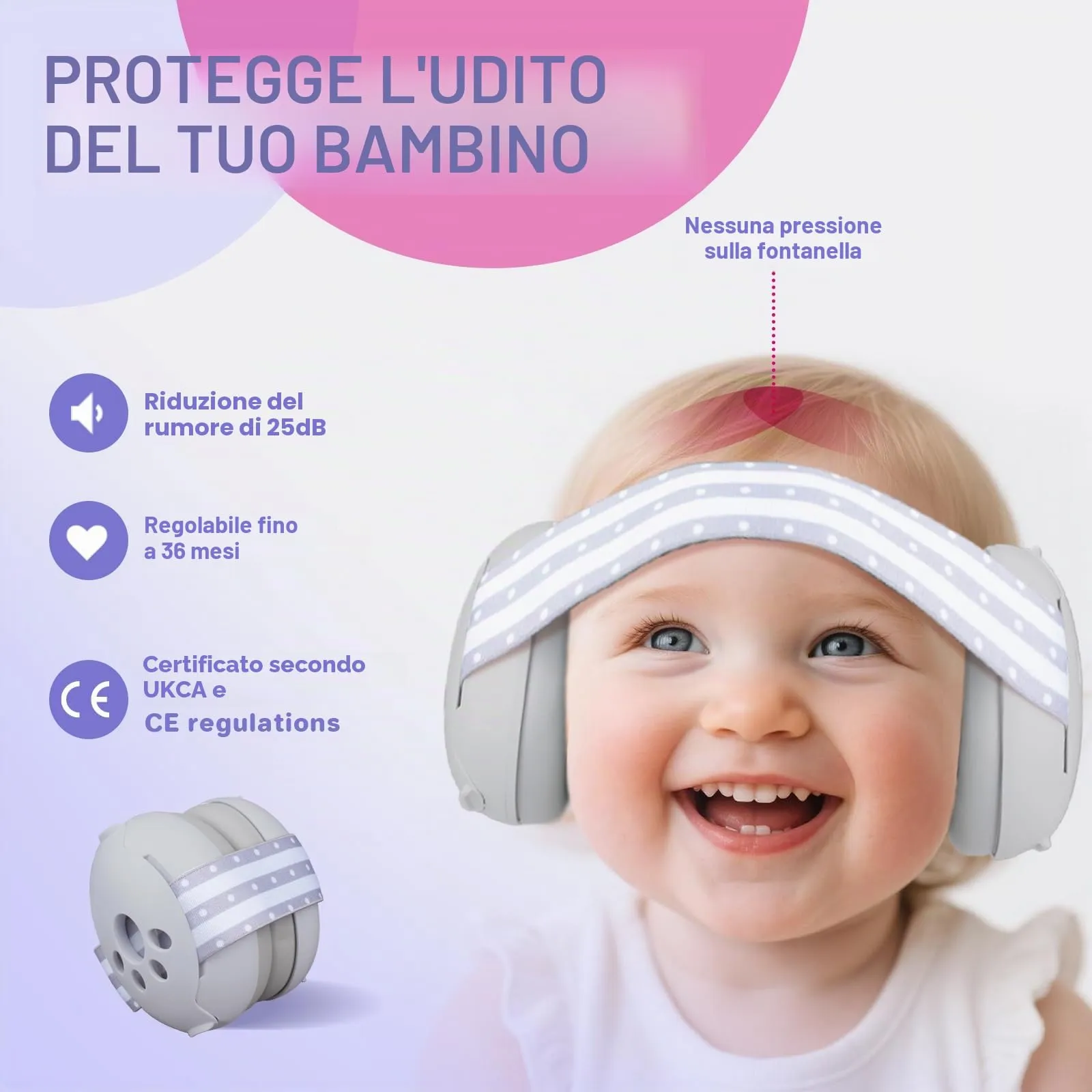 Cuffie Antirumore per Neonati e Bambini Piccoli Fino a 36 Mesi, Protettori Acustici per Neonati, Previene i Danni dell’udito, Migliora il Sonno in Viaggio, Grigio - immagine 2
