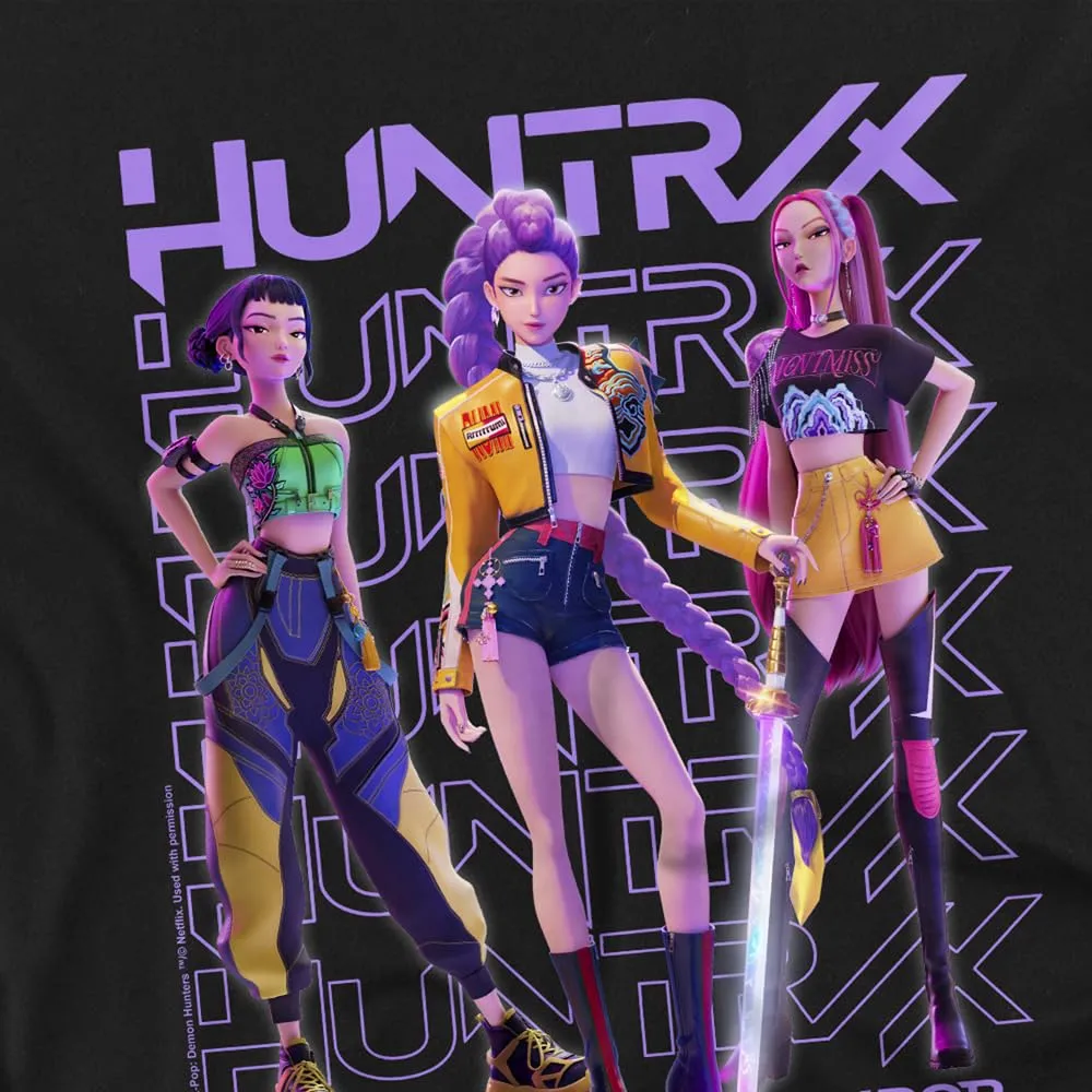 KPOP Demon Hunters Huntrix Huntrx Golden Trio Pose T-Shirt Bambini, Nero, 7–8 A - immagine 2