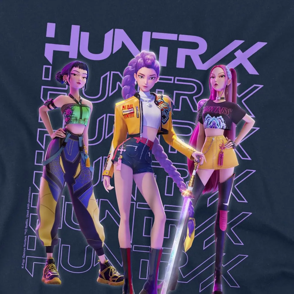KPOP Demon Hunters Huntrix Huntrx Golden Trio Pose T-Shirt Bambini, Navy, 7–8 A - immagine 2