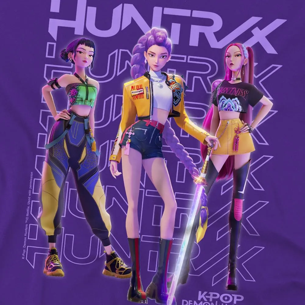 KPOP Demon Hunters Huntrix Huntrx Golden Trio Pose T-Shirt Bambini, Viola, 7–8 A - immagine 2
