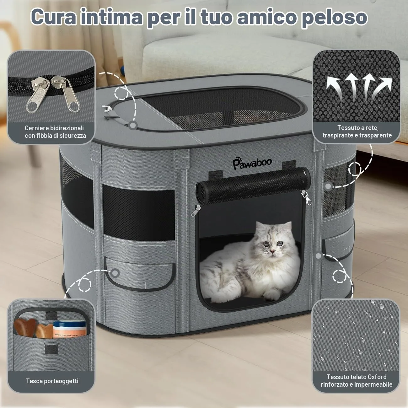 Pawaboo Recinto Portatile per Cani in Tessuto Oxford 600D, Carbone Grigio - immagine 3