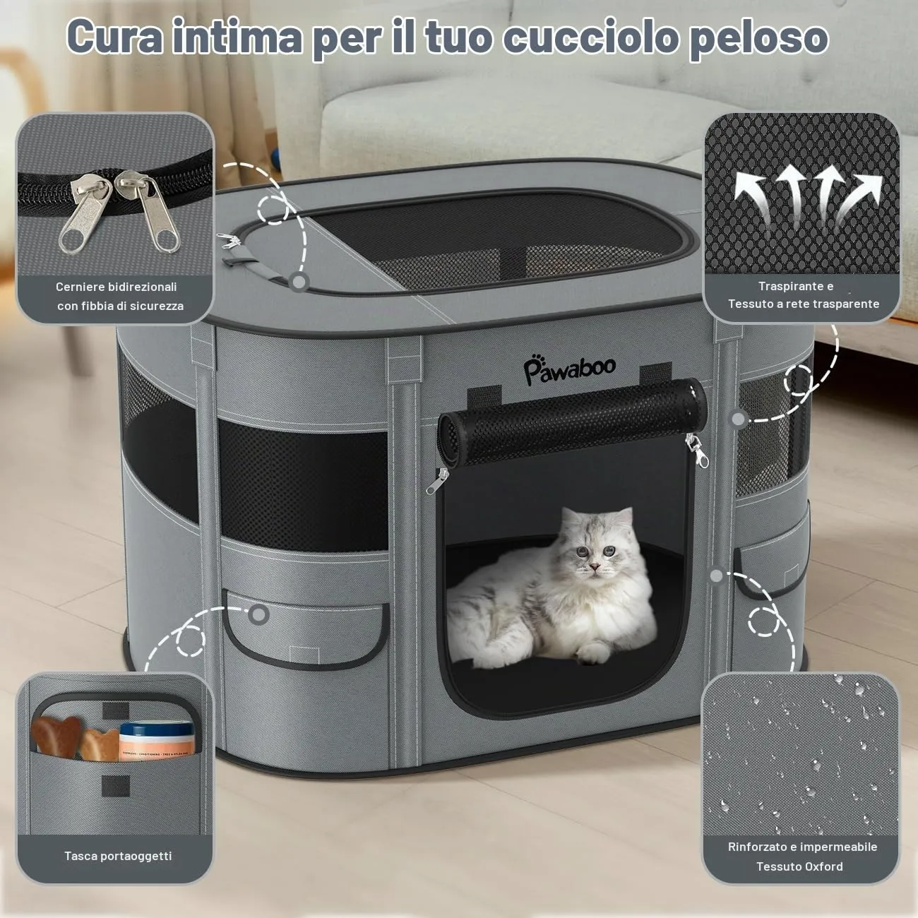 Pawaboo Recinto Portatile per Cani in Tessuto Oxford 600D, Carbone Grigio - immagine 3