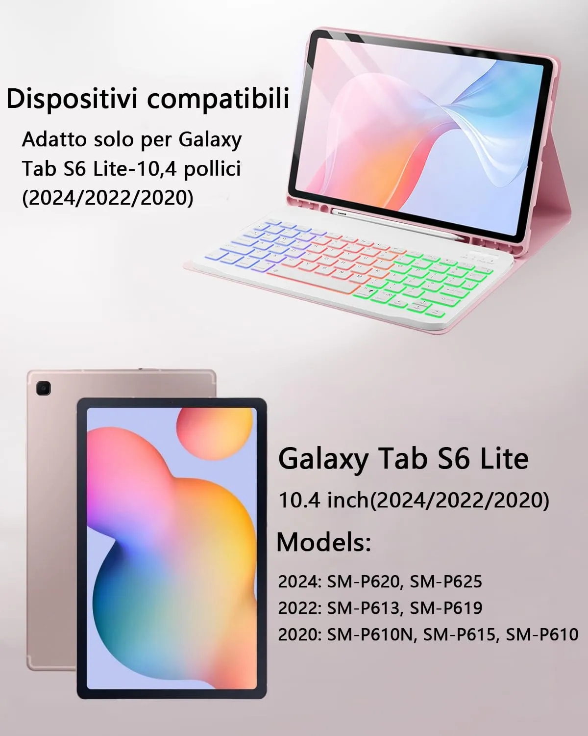 Per Samsung Galaxy Tab S6 Lite (2024/2022/2020) 10.4 Pollici Cover Con Wireless Bluetooth Retroilluminati Italiano Tastiera(QWERTY) e Mouse Custodia Protettiva,Backlit Keyboard Case Rosa - immagine 2