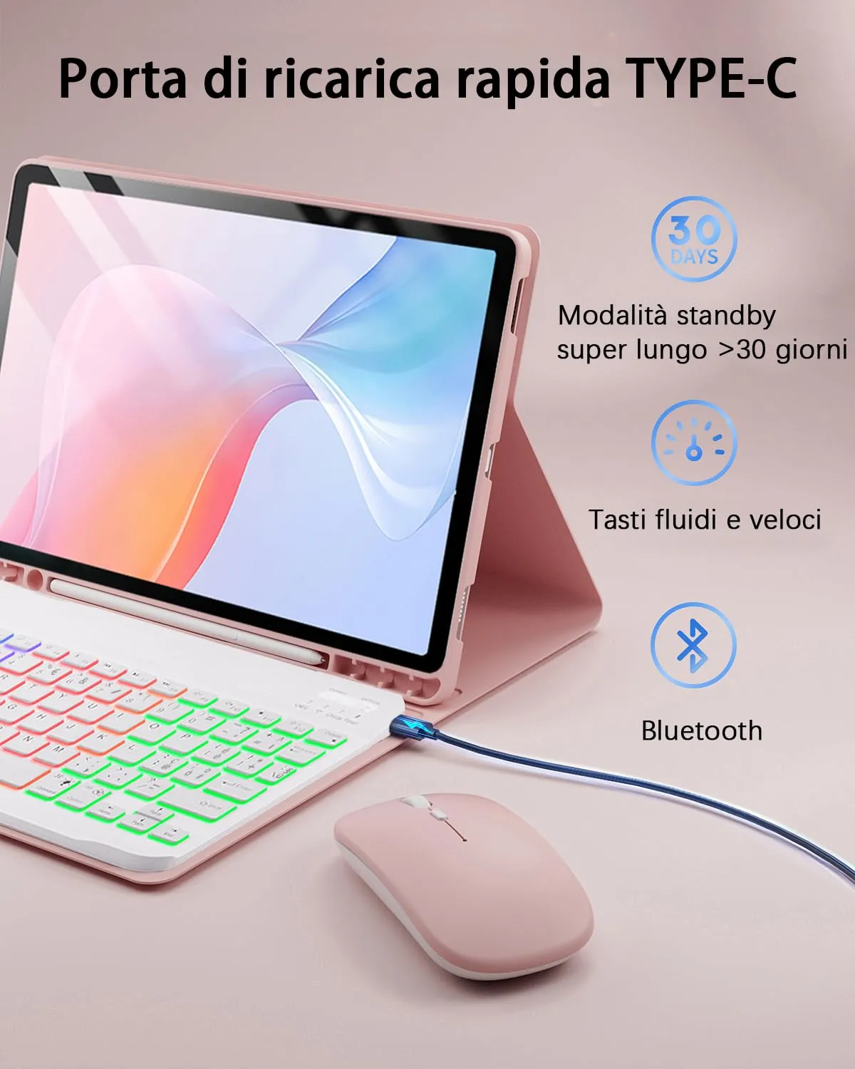 Per Samsung Galaxy Tab S10+ Plus/S9+ Plus/S9 FE+ Plus/S8+ Plus /S7 FE/S7+ Plus 12.4 Pollici Cover Custodia Con Wireless Bluetooth Italiano (QWERTY) Tastiera Retroilluminati Mouse Backlit Keyboard Case - immagine 4