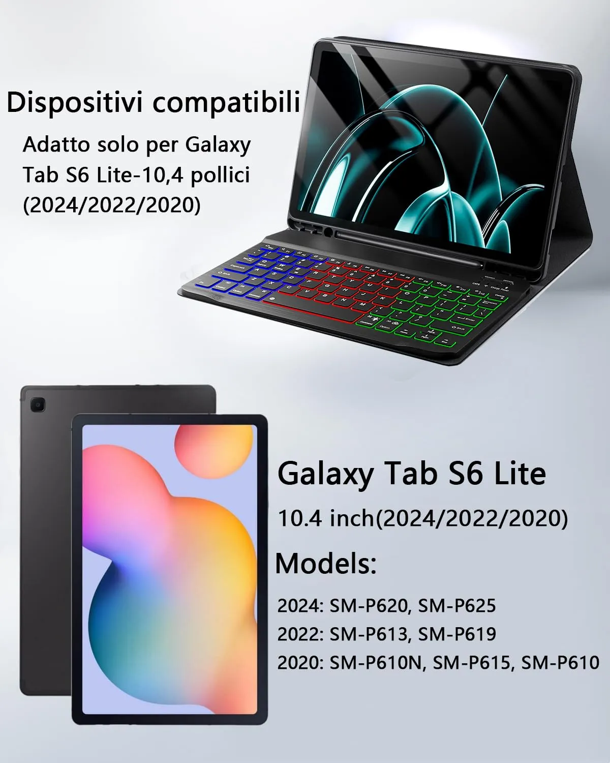 Tastiera Mouse Cover Per Samsung Galaxy Tab S6 Lite (2024/2022/2020) 10.4 Pollici Custodia Protettivar Con Wireless Bluetooth Retroilluminati Italiano Tastiera (QWERTY) Backlit Keyboard Case - immagine 2