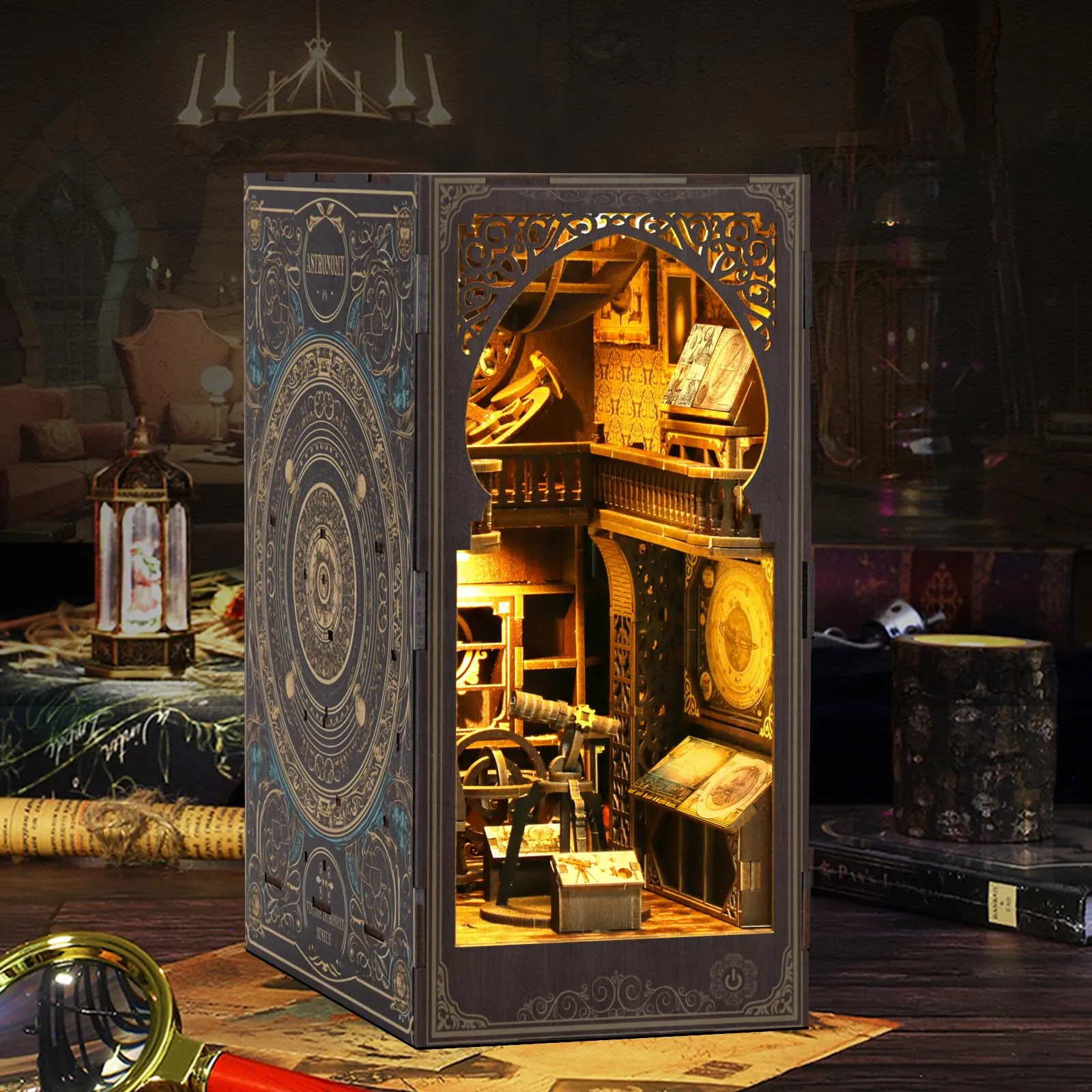 Kit Diy Book Nook, Collezione Di Libri Vintage, Puzzle In Legno In Miniatura Fai Da Te Con Luce Led, Idea Regalo Creativa Per Adulti e Adolescenti a Partire Dai 14 Anni, Museo di Astronomia - immagine 2