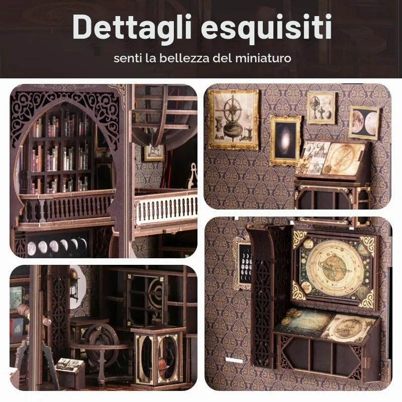 Kit Diy Book Nook, Collezione Di Libri Vintage, Puzzle In Legno In Miniatura Fai Da Te Con Luce Led, Idea Regalo Creativa Per Adulti e Adolescenti a Partire Dai 14 Anni, Museo di Astronomia - immagine 4
