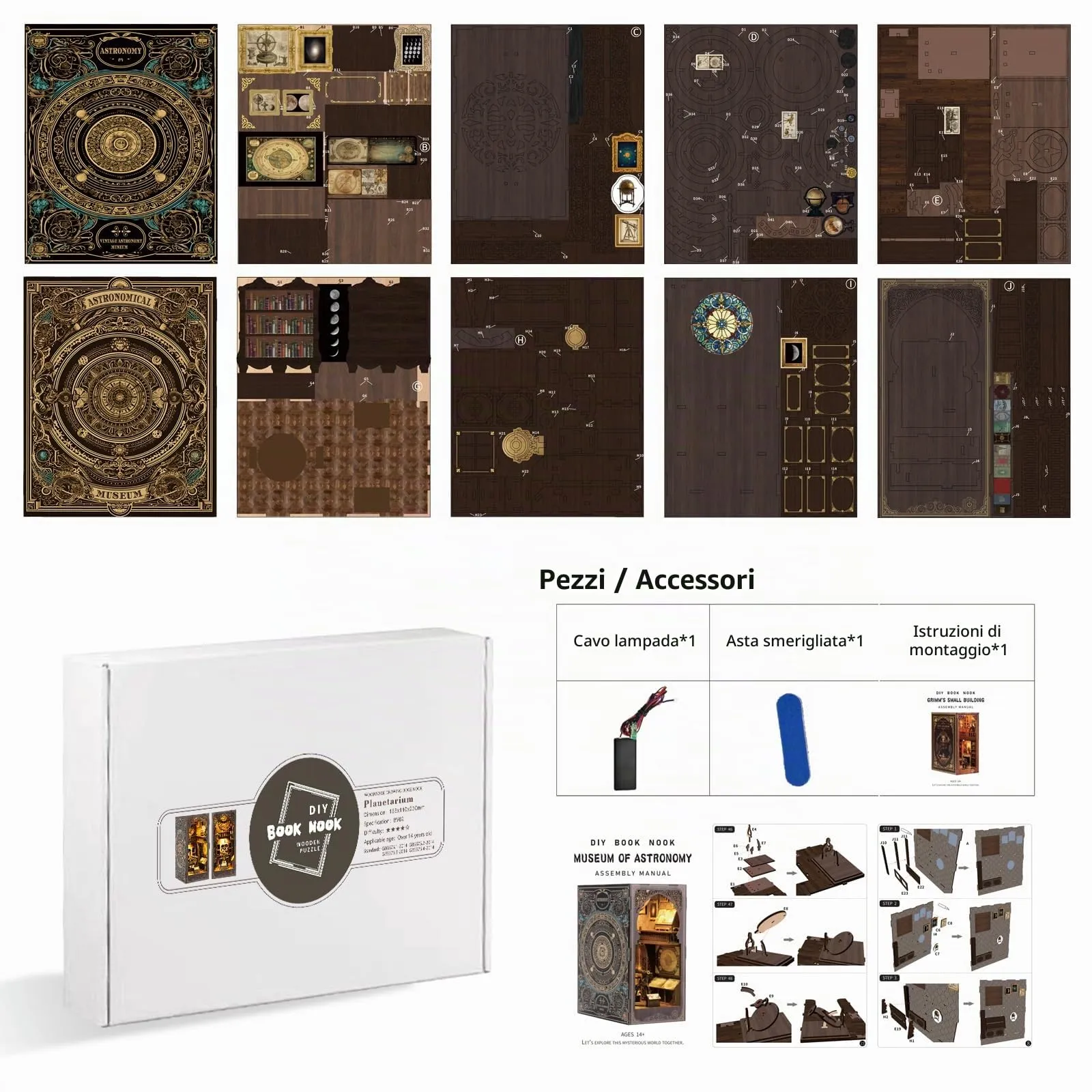 Kit Diy Book Nook, Collezione Di Libri Vintage, Puzzle In Legno In Miniatura Fai Da Te Con Luce Led, Idea Regalo Creativa Per Adulti e Adolescenti a Partire Dai 14 Anni, Museo di Astronomia - immagine 8