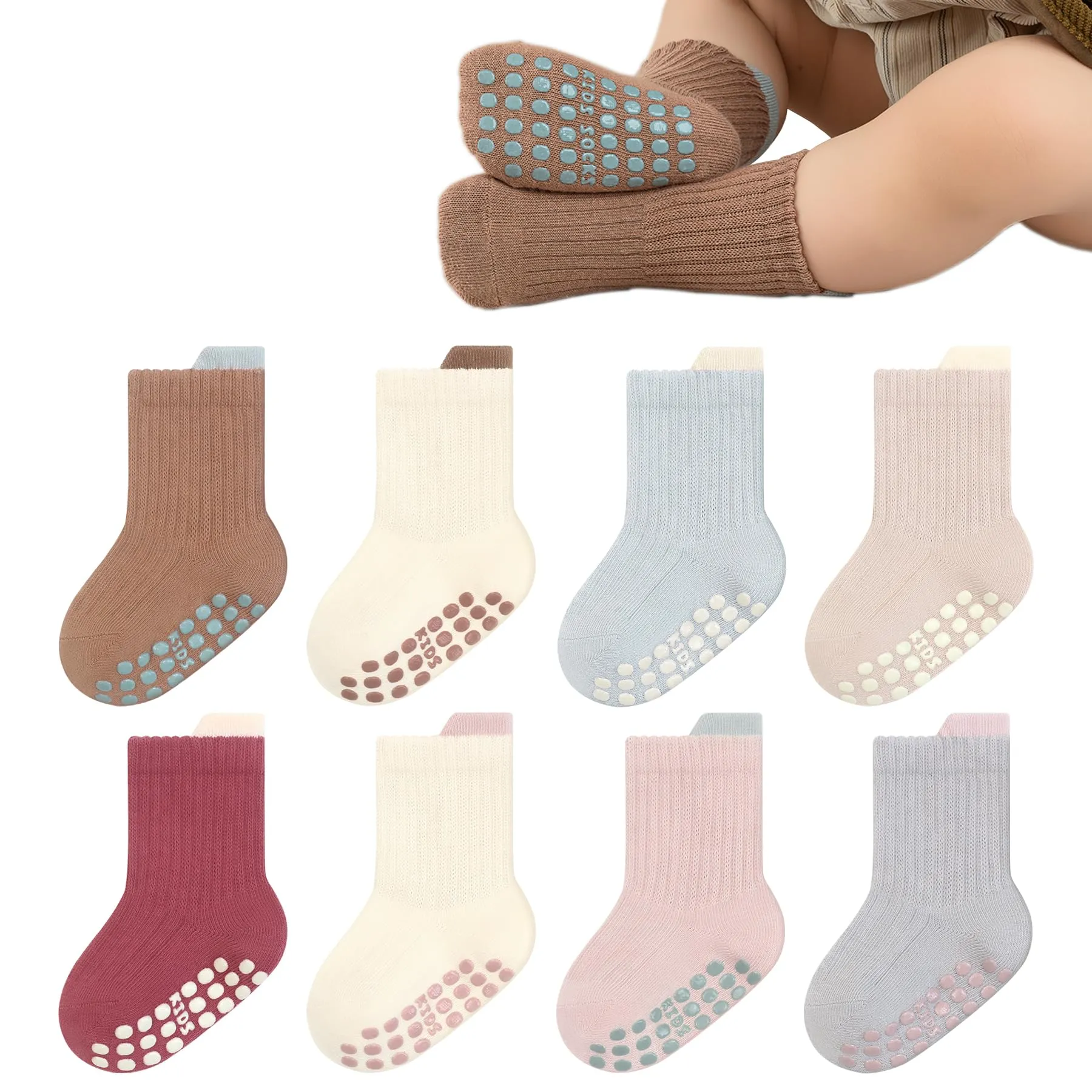 YANWANG 8 Paia di Calzini Antiscivolo con Grip per Bambini Piccoli Calzini Traspiranti per Neonati Bambini Bambina(Brown+Pink,M:1-3Y) - immagine 1