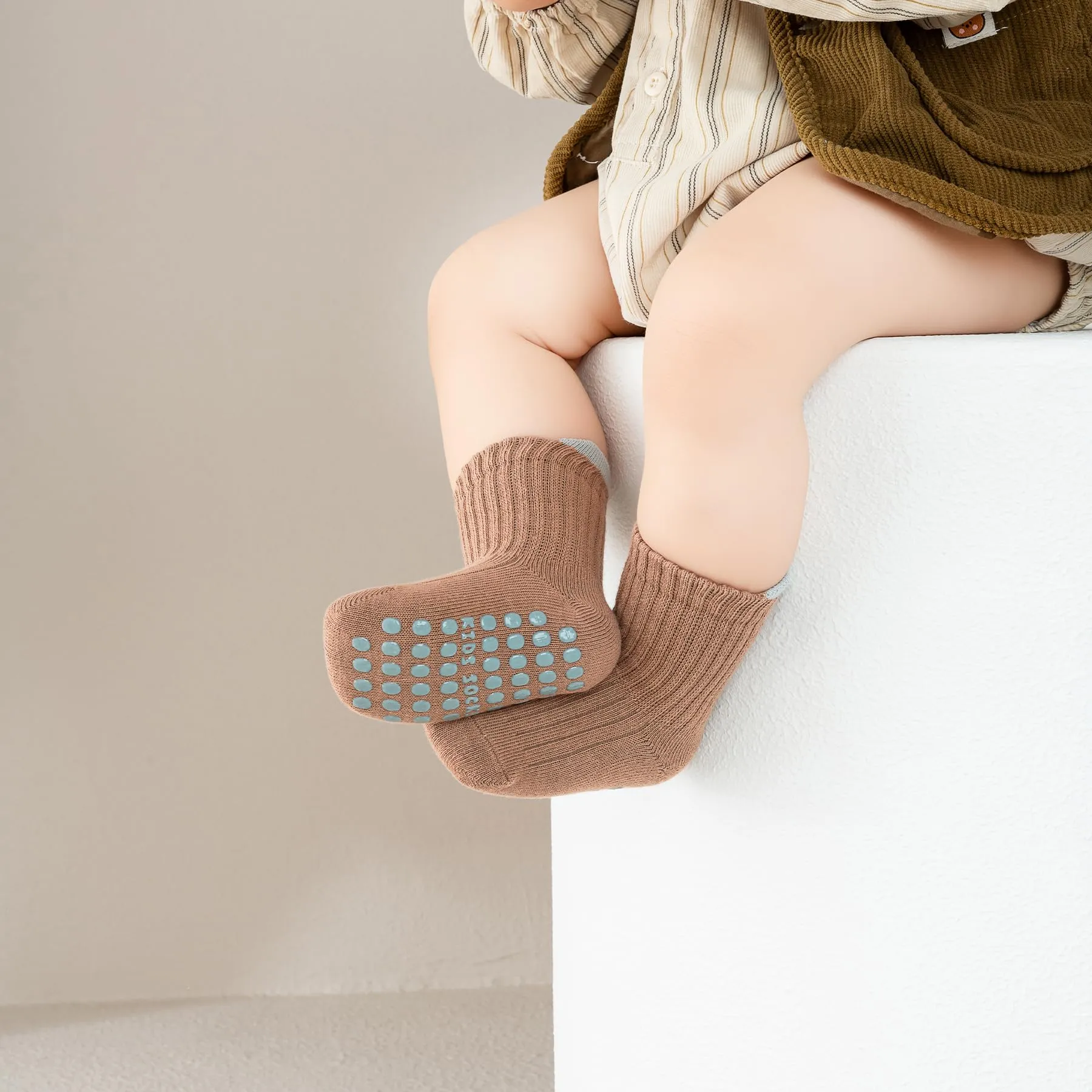 YANWANG 8 Paia di Calzini Antiscivolo con Grip per Bambini Piccoli Calzini Traspiranti per Neonati Bambini Bambina(Brown+Pink,M:1-3Y) - immagine 2