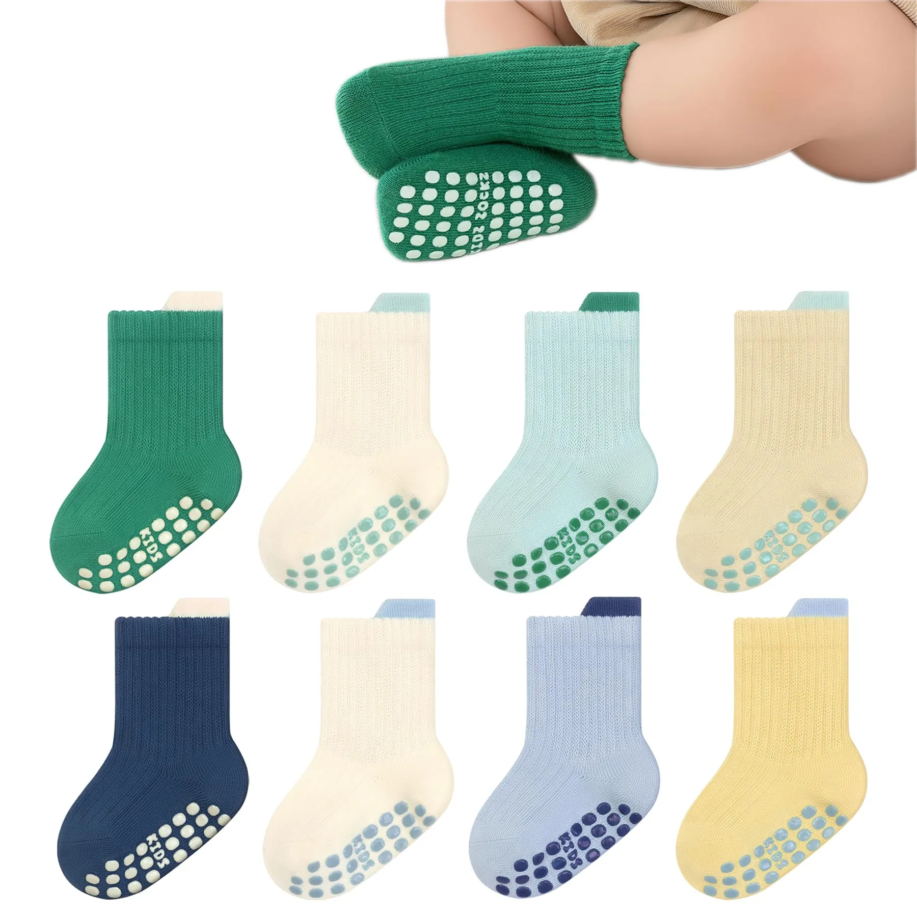 YANWANG 8 Paia di Calzini Antiscivolo con Grip per Bambini Piccoli Calzini Traspiranti per Neonati Bambini Bambina(Green+Blue,L:3-5Y) - immagine 1