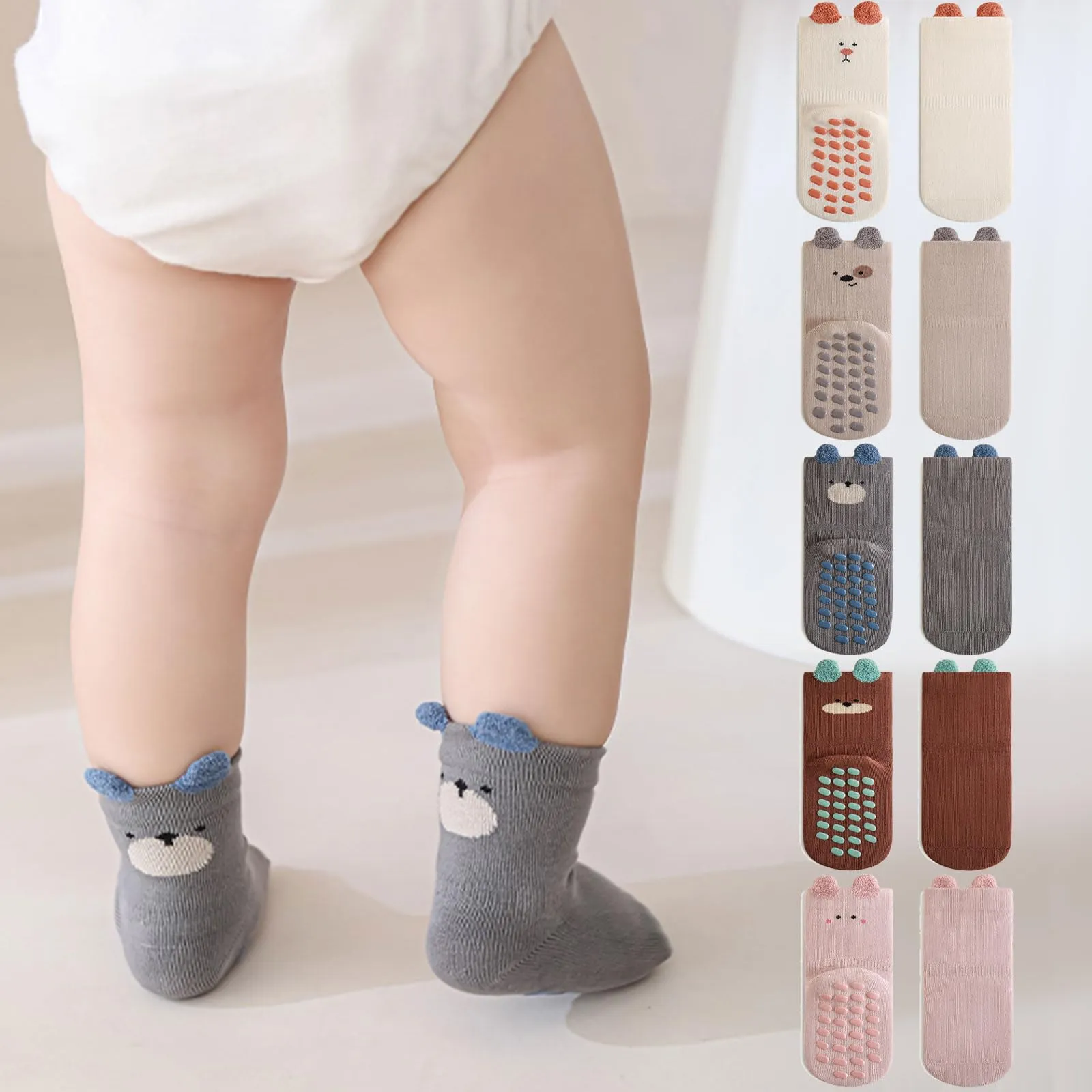 QIYIENDIAN Calzini antiscivolo per bambini in cotone 5 paia calzini neonati animati(Khaki puppy,1-3Y - immagine 2