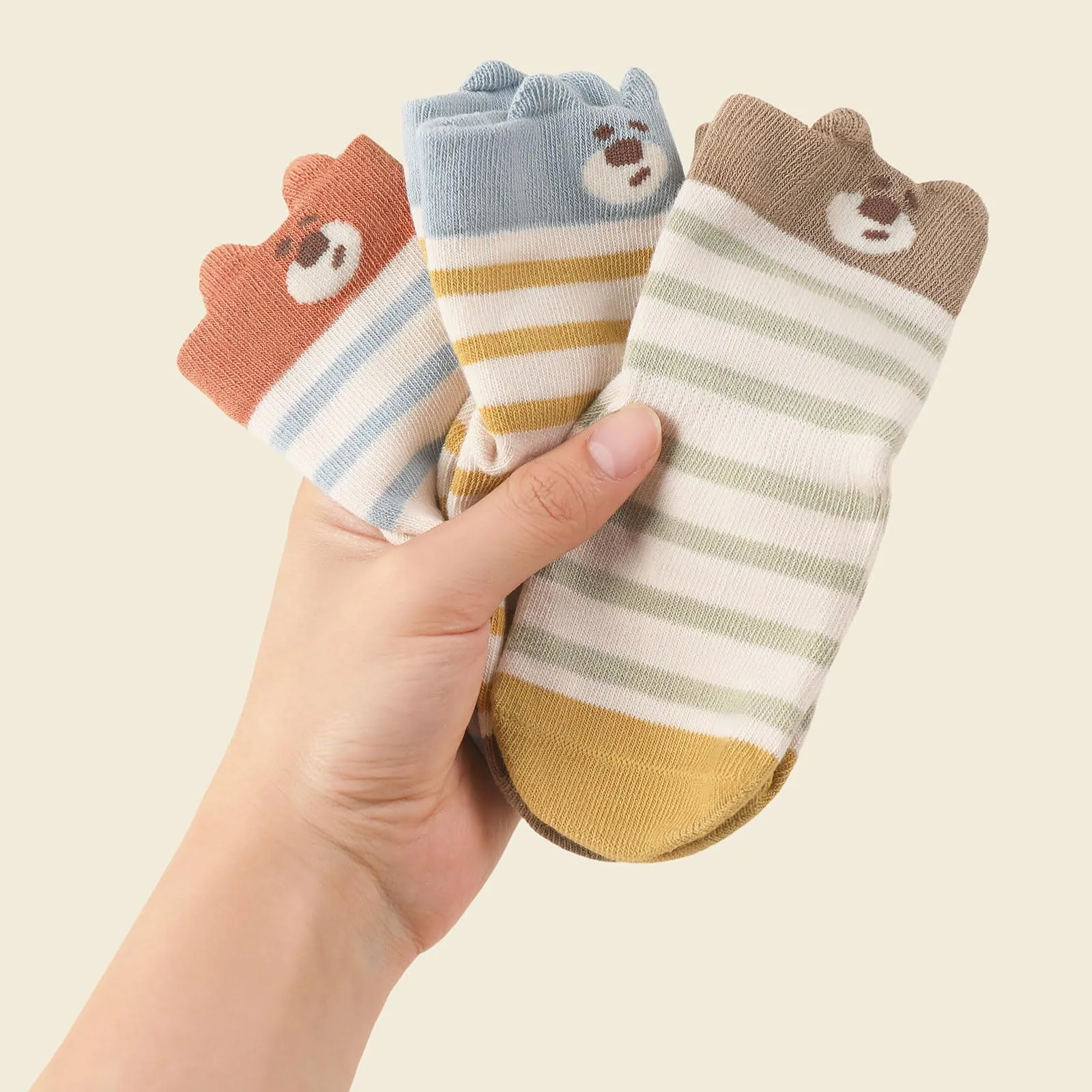 QIYIENDIAN Calzini antiscivolo per bambini in cotone 5 paia calzini neonati animati（Striped bear，3-5Y - immagine 2