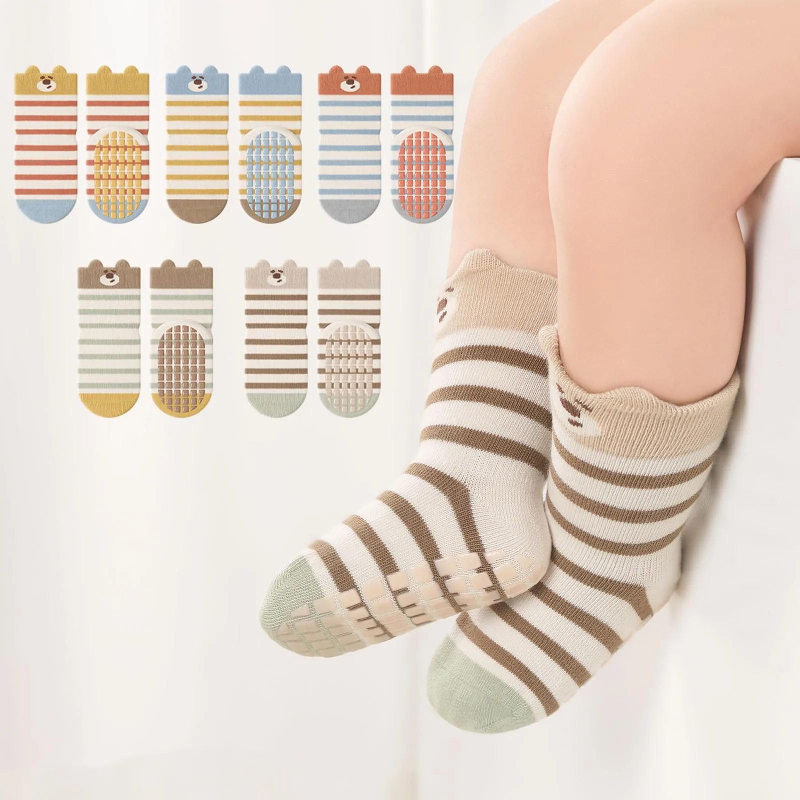 QIYIENDIAN Calzini antiscivolo per bambini in cotone 5 paia calzini neonati animati（Striped bear，3-5Y - immagine 5