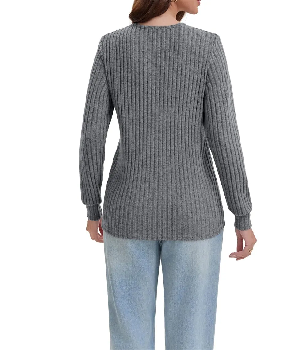 AirMood Camicie a maniche lunghe plissettate da donna, stile casual, a vestibilità ampia, grigio, L - immagine 3