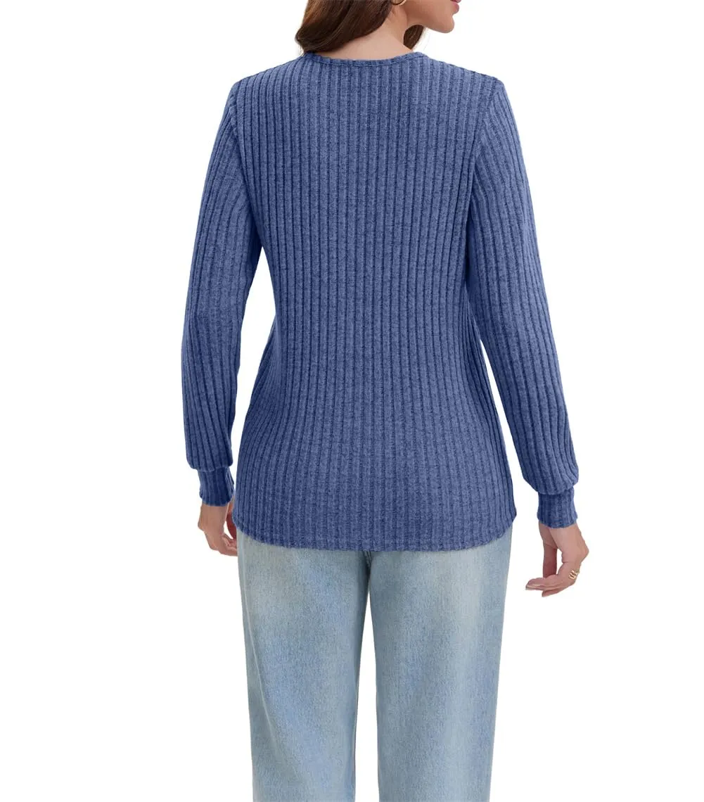 AirMood Camicette Eleganti Casual a Maniche Lunghe per Donne con Costine Top a Tunic Vestibilità Larga Magliette Sweatshirts Camicie, Blu, XL - immagine 3