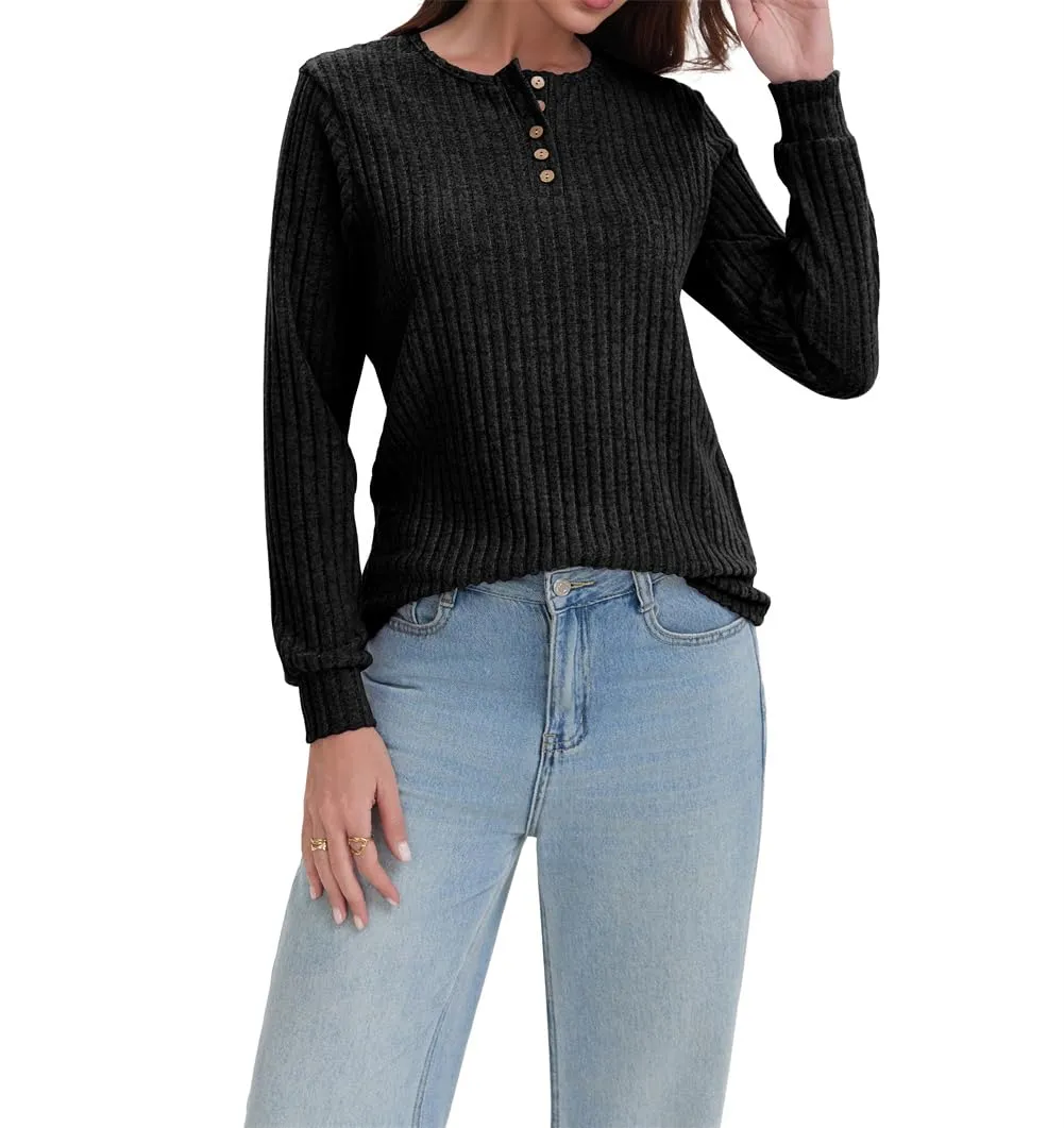 AirMood Camicette Eleganti Casual a Maniche Lunghe per Donne con Costine Top a Tunic Vestibilità Larga Magliette Sweatshirts Camicie, Nero , L - immagine 2