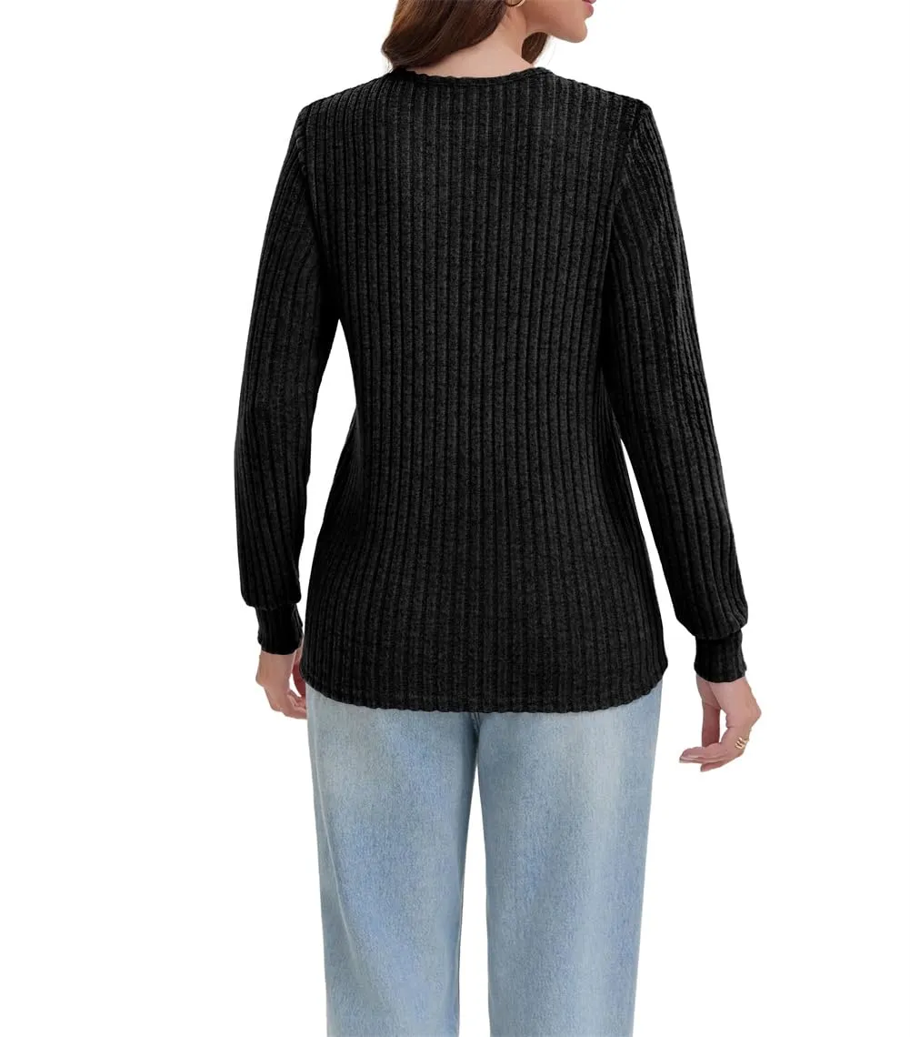 AirMood Camicette Eleganti Casual a Maniche Lunghe per Donne con Costine Top a Tunic Vestibilità Larga Magliette Sweatshirts Camicie, Nero , L - immagine 3