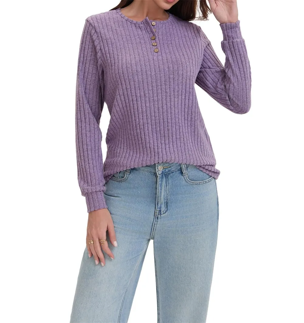 AirMood Camicette Eleganti Casual a Maniche Lunghe per Donne con Costine Top a Tunic Vestibilità Larga Magliette Sweatshirts Camicie, Viola, S - immagine 2