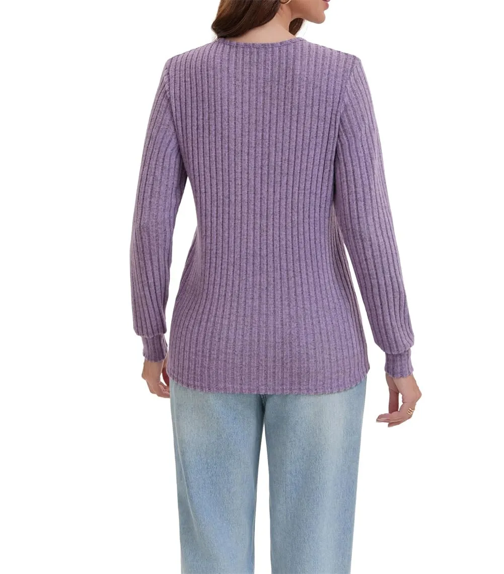 AirMood Camicette Eleganti Casual a Maniche Lunghe per Donne con Costine Top a Tunic Vestibilità Larga Magliette Sweatshirts Camicie, Viola, S - immagine 3