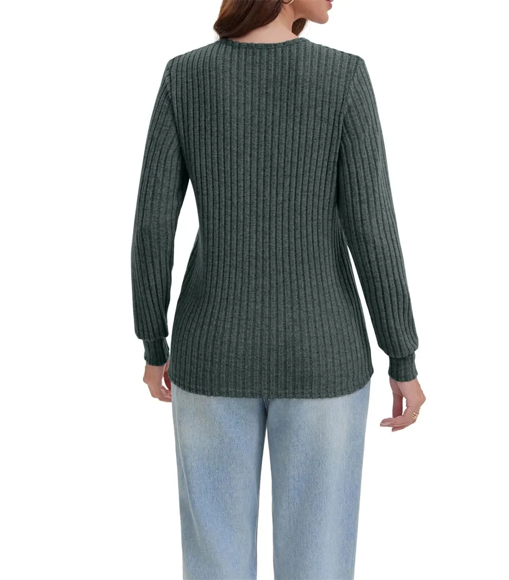 AirMood Camicette Eleganti Casual a Maniche Lunghe per Donne con Costine Top a Tunic Vestibilità Larga Magliette Sweatshirts Camicie, Verde, L - immagine 3