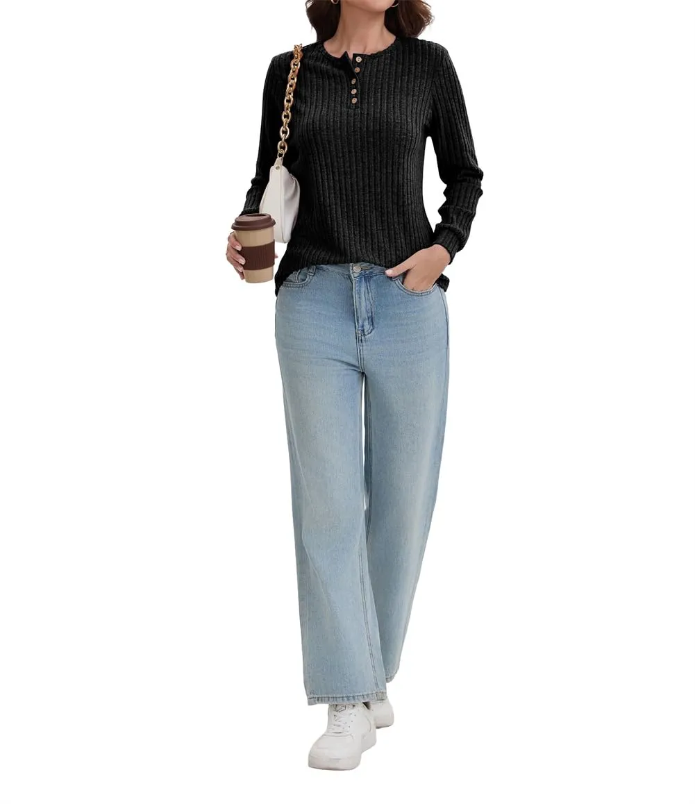 AirMood Camicette Eleganti Casual a Maniche Lunghe per Donne con Costine Top a Tunic Vestibilità Larga Magliette Sweatshirts Camicie, Nero , M - immagine 5