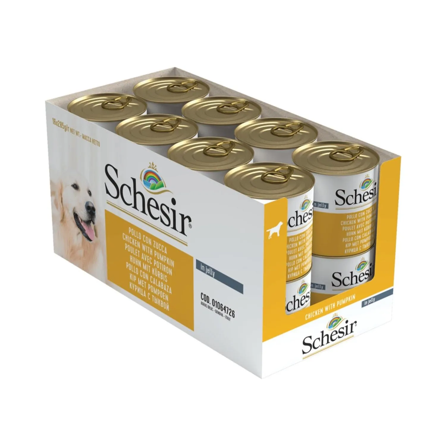 Schesir, Cibo Umido per Cani Adulti al Gusto Pollo con Zucca, Filetti in Morbida Gelatina - Totale 4,56 Kg (16 Lattine da 285G) - immagine 1