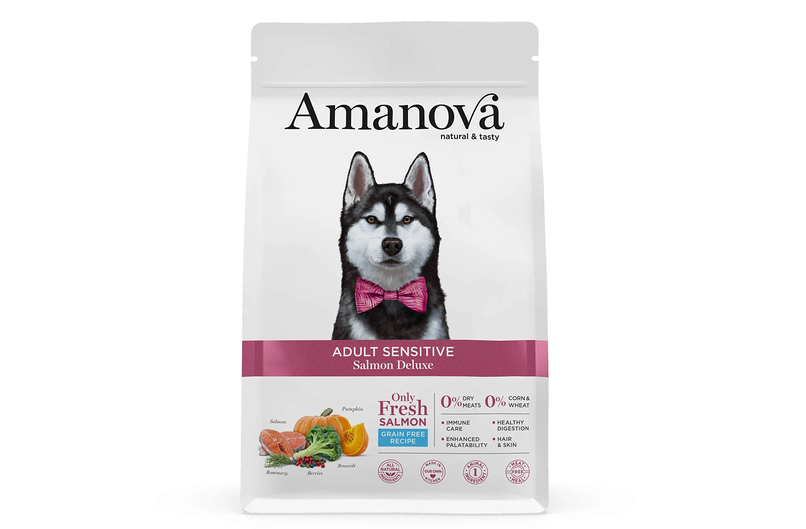 Amanova Cibo Secco per Cani Adulti di Taglia Media o Grande con Pelle o Pelo sensibile Gusto Salmone - 100% Naturale, ipoallergenico e monoproteico - Grain Free - Cruelty Free - Formato da 2 kg - immagine 1