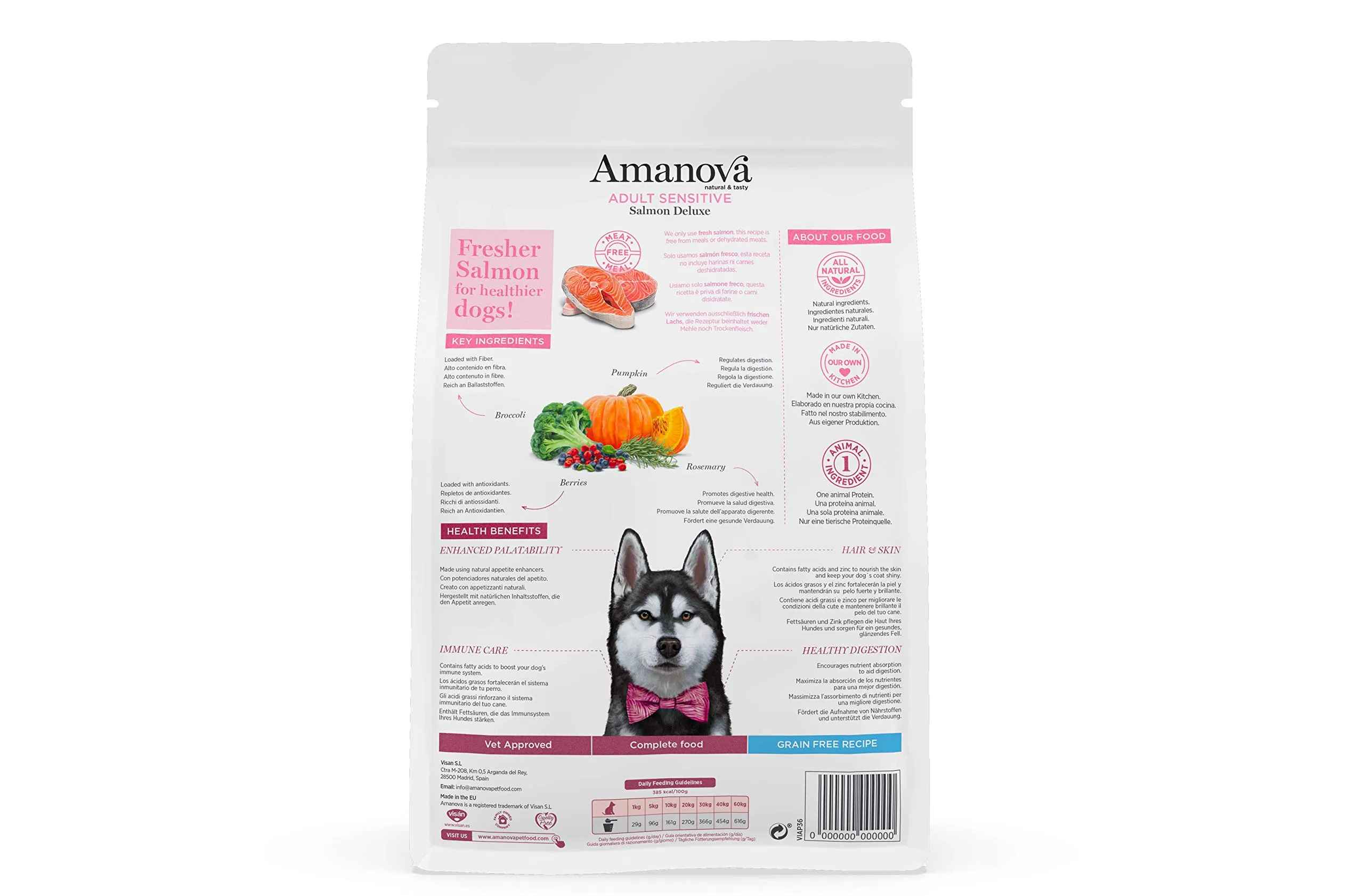 Amanova Cibo Secco per Cani Adulti di Taglia Media o Grande con Pelle o Pelo sensibile Gusto Salmone - 100% Naturale, ipoallergenico e monoproteico - Grain Free - Cruelty Free - Formato da 2 kg - immagine 2