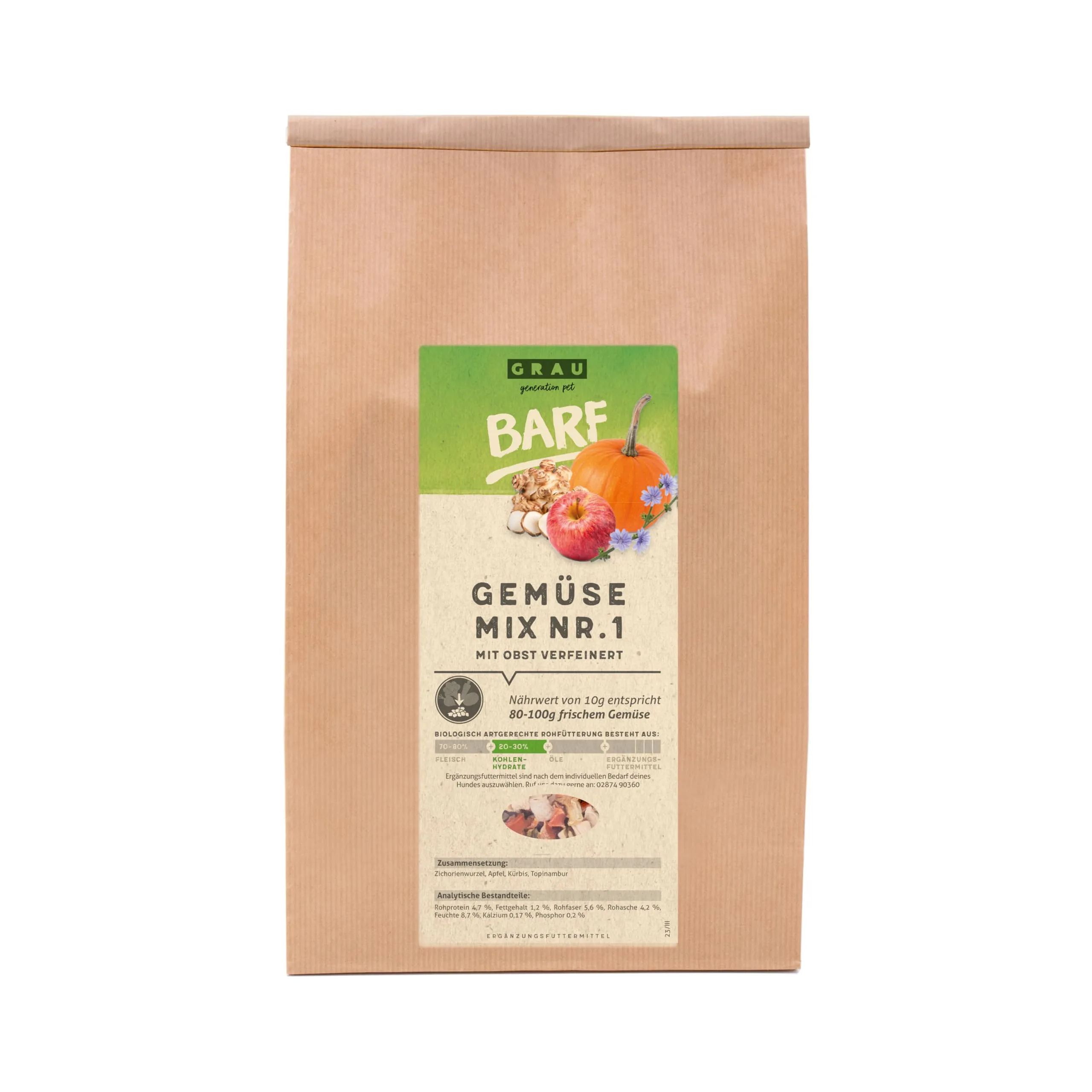GRAU – l'originale – mix di verdure essiccate con frutta per BARF per cani - "Mix No. 1", confezione da 1 (1 x 1,2 kg), alimento complementare per cani - immagine 1