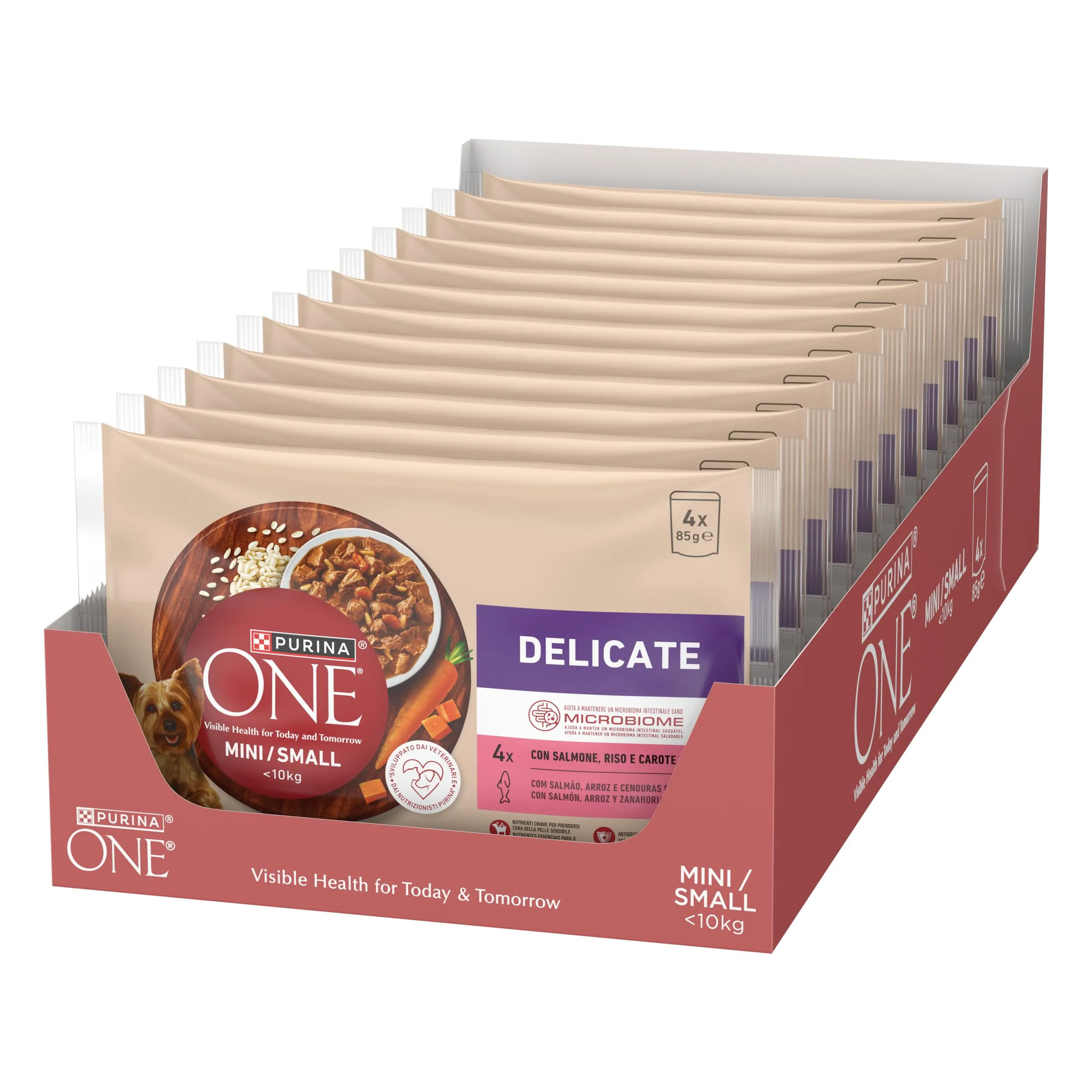 PURINA ONE Delicate Small&Mini < 10kg Cibo Umido per Cani Adulti in Salsa con Salmone, Riso e Carote 48 bustine da 85g - immagine 2