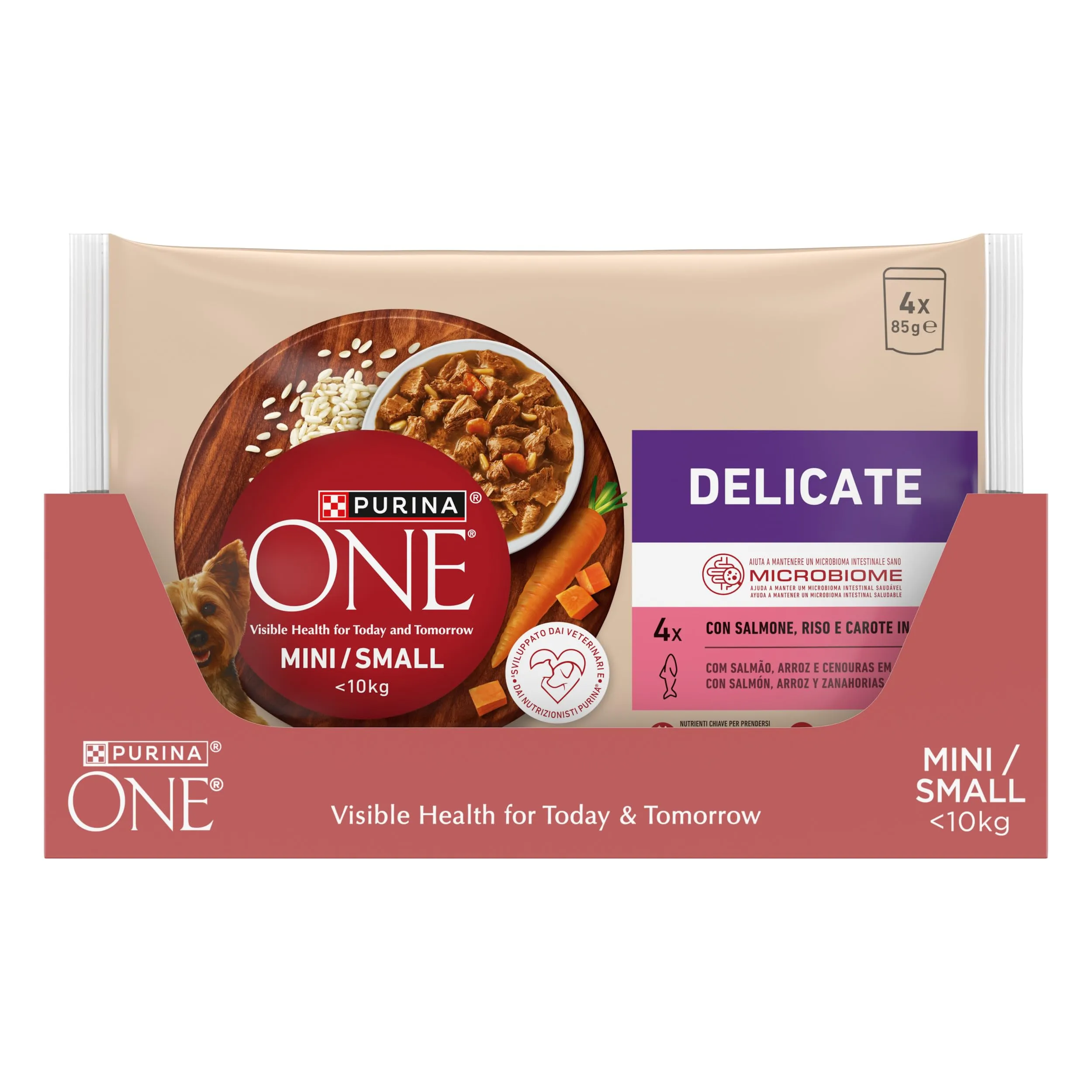 PURINA ONE Delicate Small&Mini < 10kg Cibo Umido per Cani Adulti in Salsa con Salmone, Riso e Carote 48 bustine da 85g - immagine 4