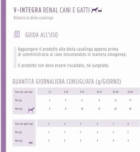 V-INTEGRA Renal 500g, Integratore Vitamine e Minerali per Bilanciare Diete Casalinghe di Cani e Gatti che Richiedono una Restrizione di Fosforo, Multivitaminico Cane e Gatto Made in Italy - immagine 2