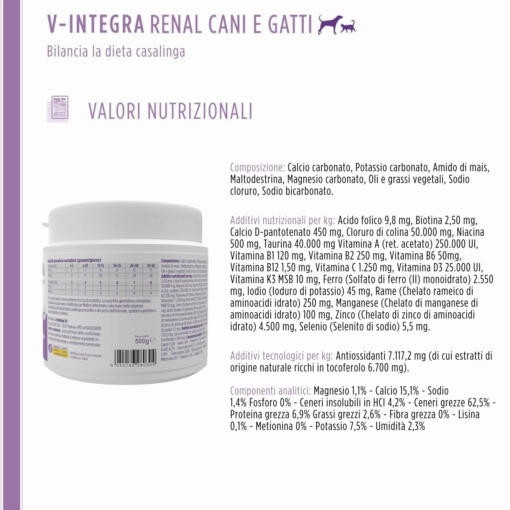 V-INTEGRA Renal 500g, Integratore Vitamine e Minerali per Bilanciare Diete Casalinghe di Cani e Gatti che Richiedono una Restrizione di Fosforo, Multivitaminico Cane e Gatto Made in Italy - immagine 3