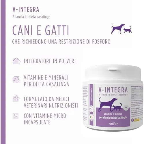 V-INTEGRA Renal 500g, Integratore Vitamine e Minerali per Bilanciare Diete Casalinghe di Cani e Gatti che Richiedono una Restrizione di Fosforo, Multivitaminico Cane e Gatto Made in Italy - immagine 8