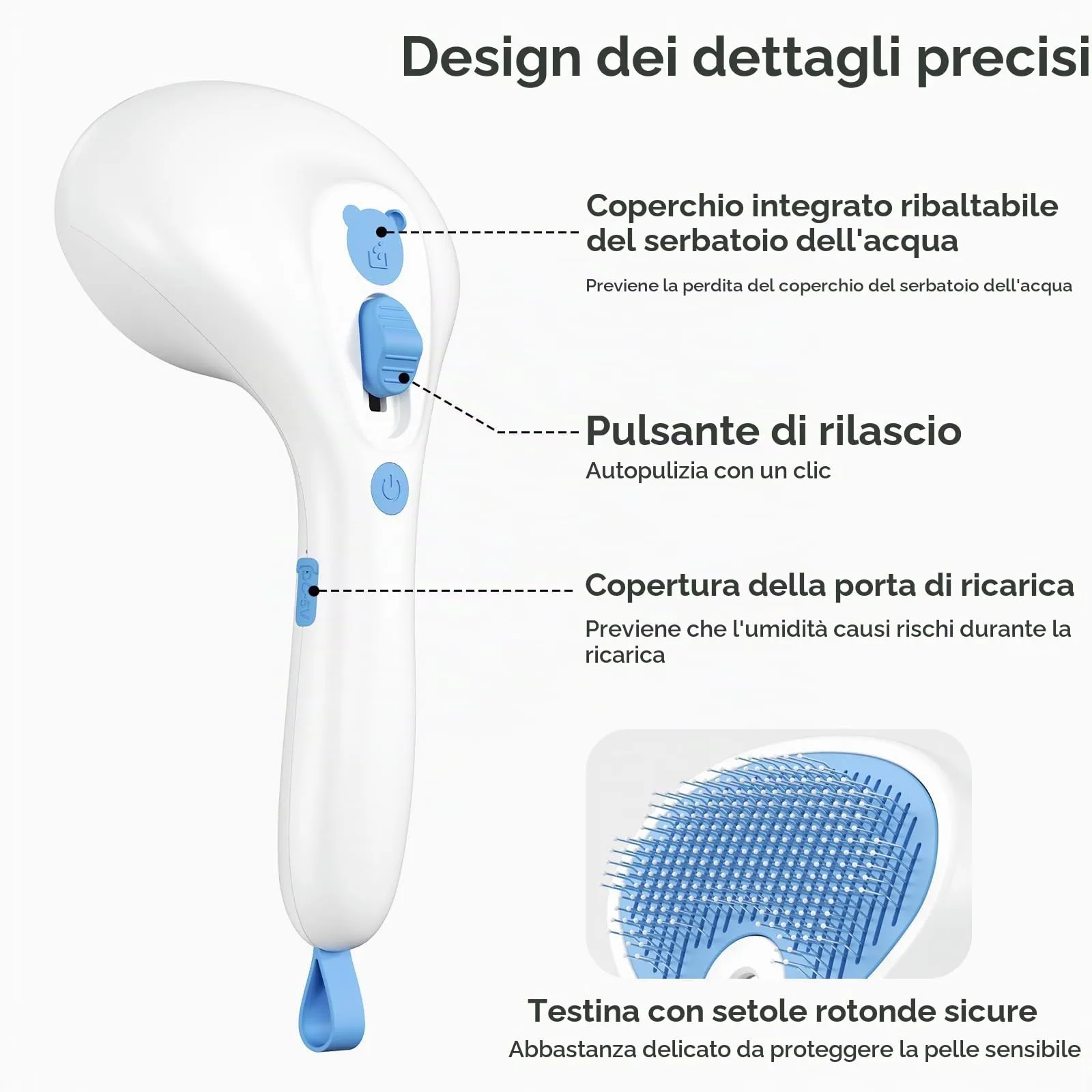 Euqvunn Spazzola a Vapore per Gatti e Cani con Pulsante di Rilascio, [Design Ultra-Silenzioso/Manico Ergonomico] Spazzola a Vapore Ricaricabile per Animali Domestici,Spazzola per Gatti, Cani Conigli - immagine 7