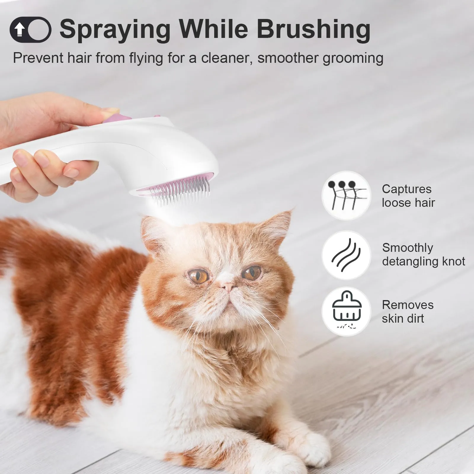 Euqvunn Spazzola a Vapore per Gatti e Cani con Pulsante di Rilascio, [Design Ultra-Silenzioso/Manico Ergonomico] Spazzola a Vapore Ricaricabile per Animali Domestici,Spazzola per Gatti, Cani Conigli - immagine 2