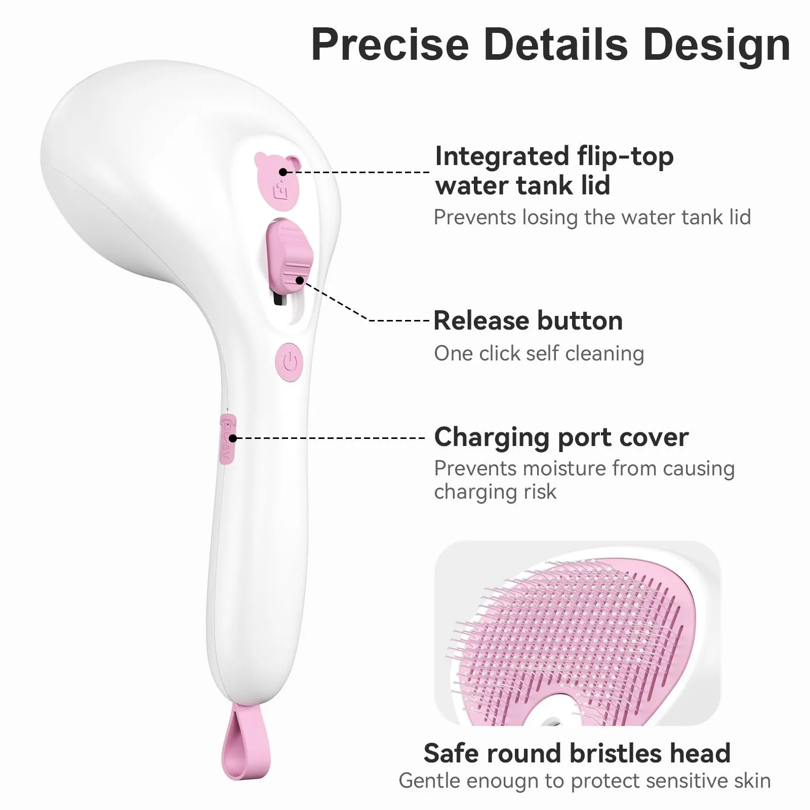 Euqvunn Spazzola a Vapore per Gatti e Cani con Pulsante di Rilascio, [Design Ultra-Silenzioso/Manico Ergonomico] Spazzola a Vapore Ricaricabile per Animali Domestici,Spazzola per Gatti, Cani Conigli - immagine 6