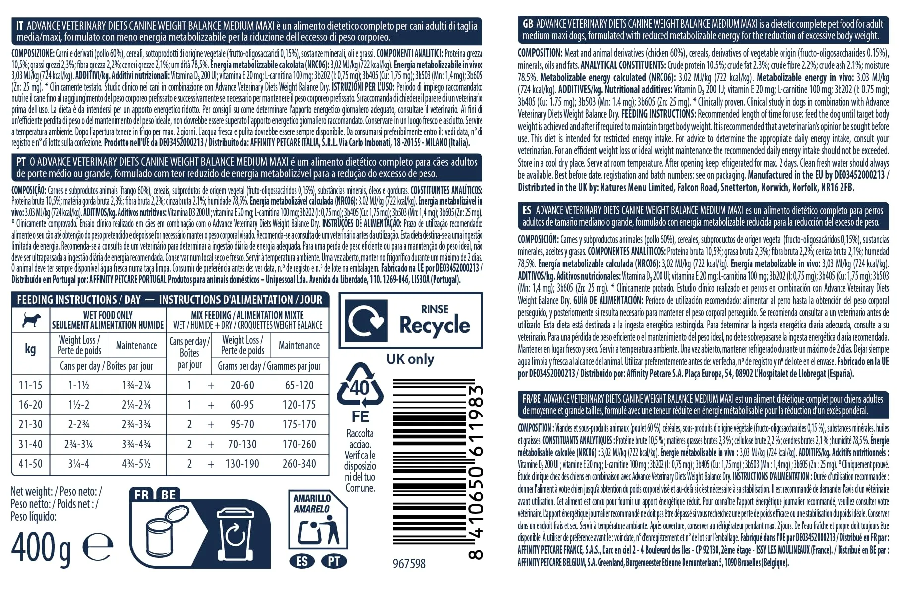 Advance Diets Cibo Umido per Cani - Weight Balance - 6 scatolette da 400g - immagine 6