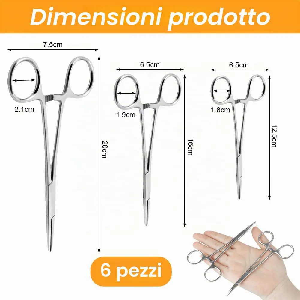 Ainiv 6 Pezzi Pinzette in Acciaio Inox, 12.5, 16, 20cm Pinzette per Toelettatura Animali, Pinza per La Pesca, Pinze Locking Set, per Pulizia Orecchie da Cane (Testa Dritta + Gomito) - immagine 2