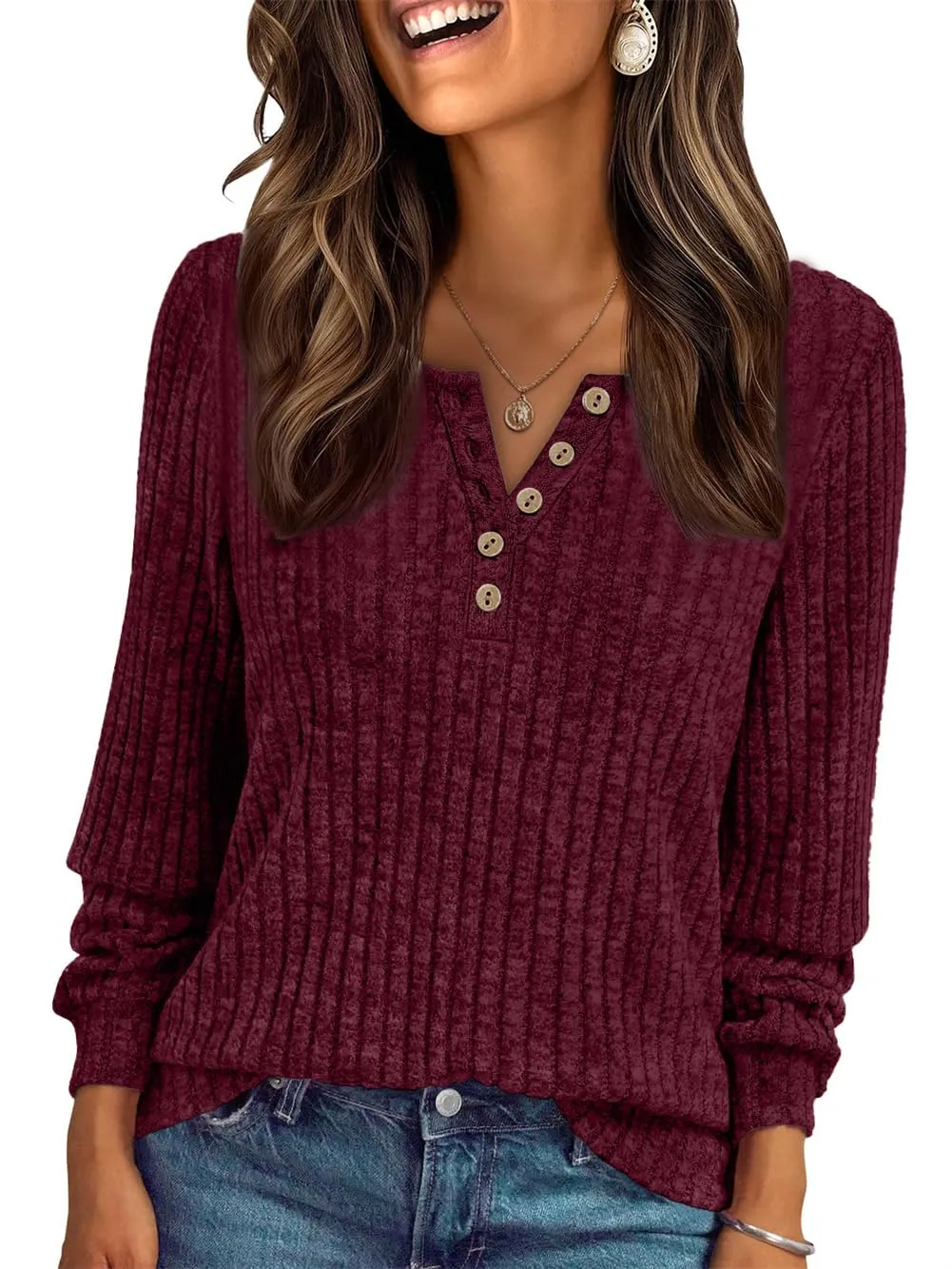AirMood Camicette Eleganti Casual a Maniche Lunghe per Donne con Costine Top a Tunic Vestibilità Larga Magliette Sweatshirts Camicie, Rosso vinaccia, M - immagine 1