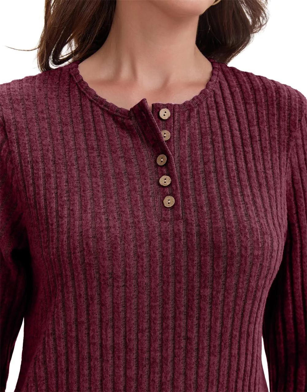AirMood Camicette Eleganti Casual a Maniche Lunghe per Donne con Costine Top a Tunic Vestibilità Larga Magliette Sweatshirts Camicie, Rosso vinaccia, M - immagine 4