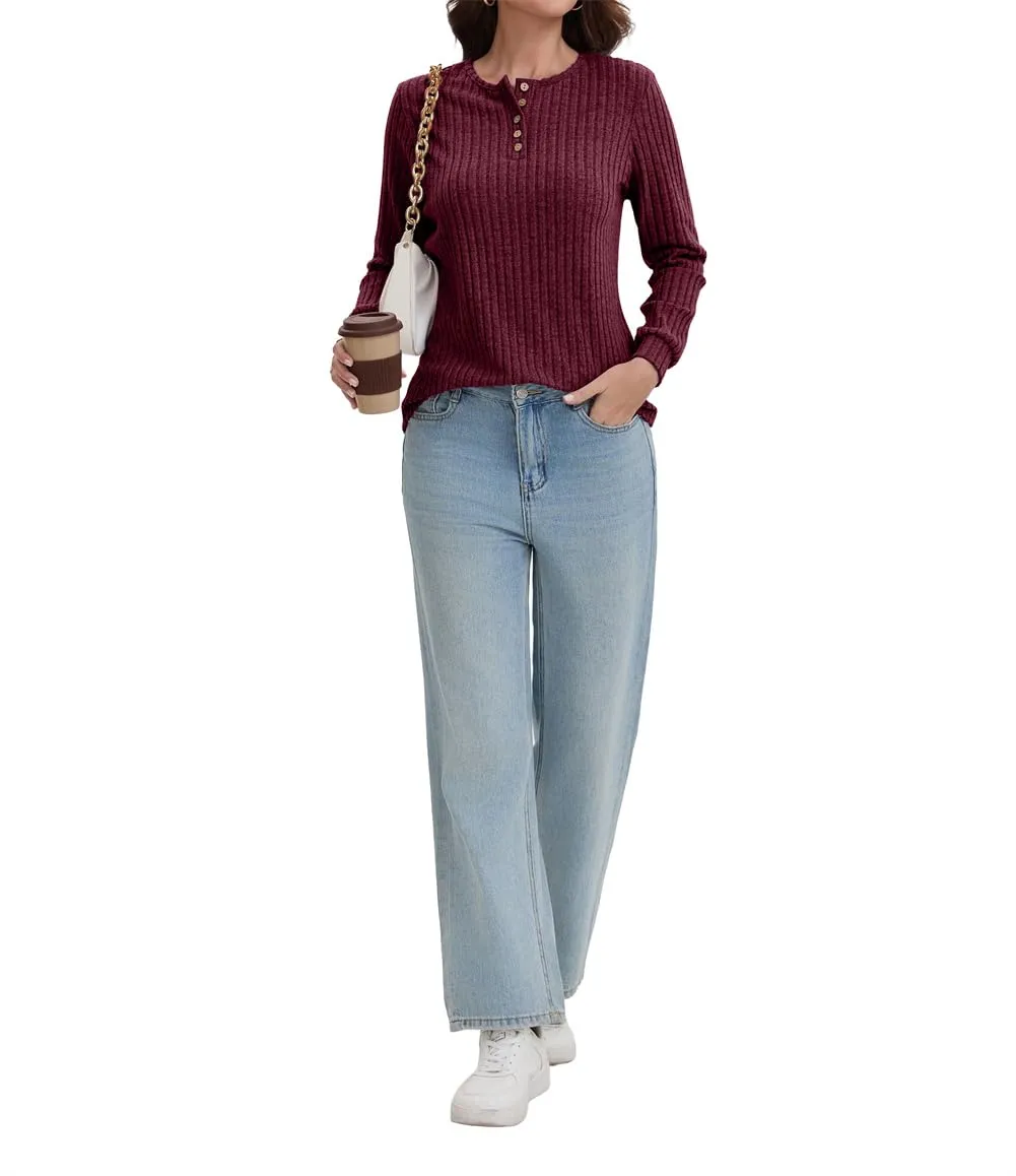 AirMood Camicette Eleganti Casual a Maniche Lunghe per Donne con Costine Top a Tunic Vestibilità Larga Magliette Sweatshirts Camicie, Rosso vinaccia, M - immagine 5