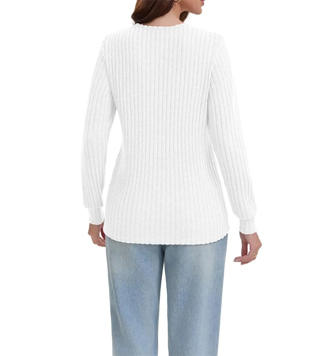 AirMood Camicette Eleganti Casual a Maniche Lunghe per Donne con Costine Top a Tunic Vestibilità Larga Magliette Sweatshirts Camicie, bianco, XL - immagine 3