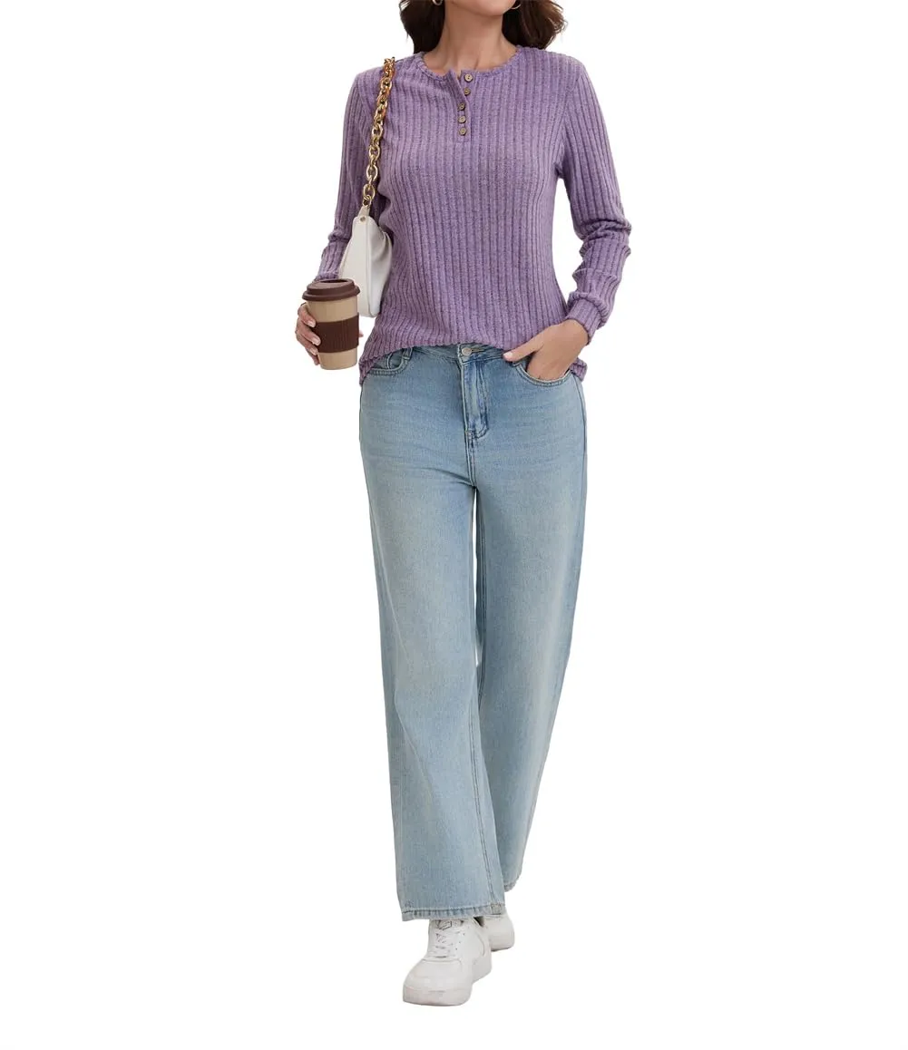 AIRMOOD Camicetta da donna elegante a maniche lunghe, a costine, tunica sciolta, felpe casual, Porpora, M - immagine 5