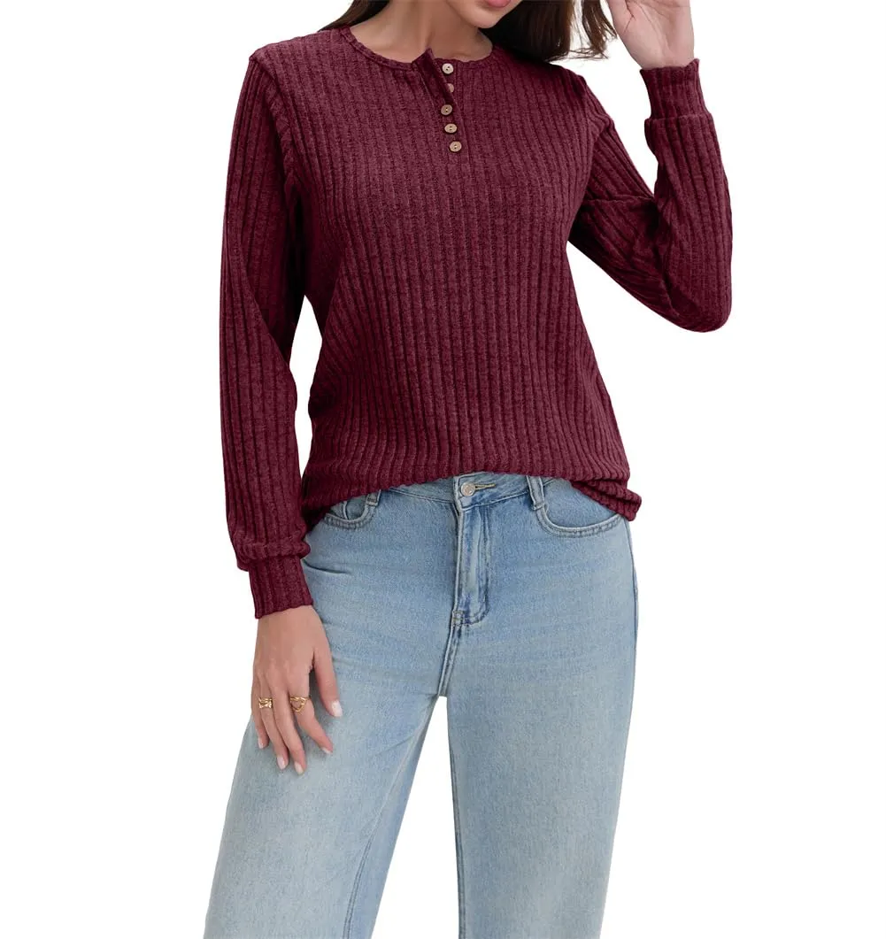 AirMood Top tunica da donna elegante, casual, a maniche lunghe, a costine, felpa a vestibilità ampia, Rosso vinaccia, XXL - immagine 2