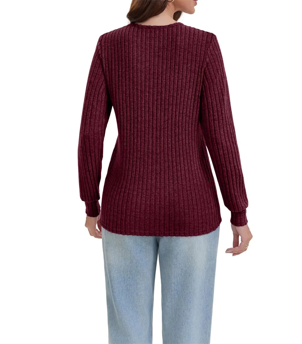 AirMood Top tunica da donna elegante, casual, a maniche lunghe, a costine, felpa a vestibilità ampia, Rosso vinaccia, XXL - immagine 3