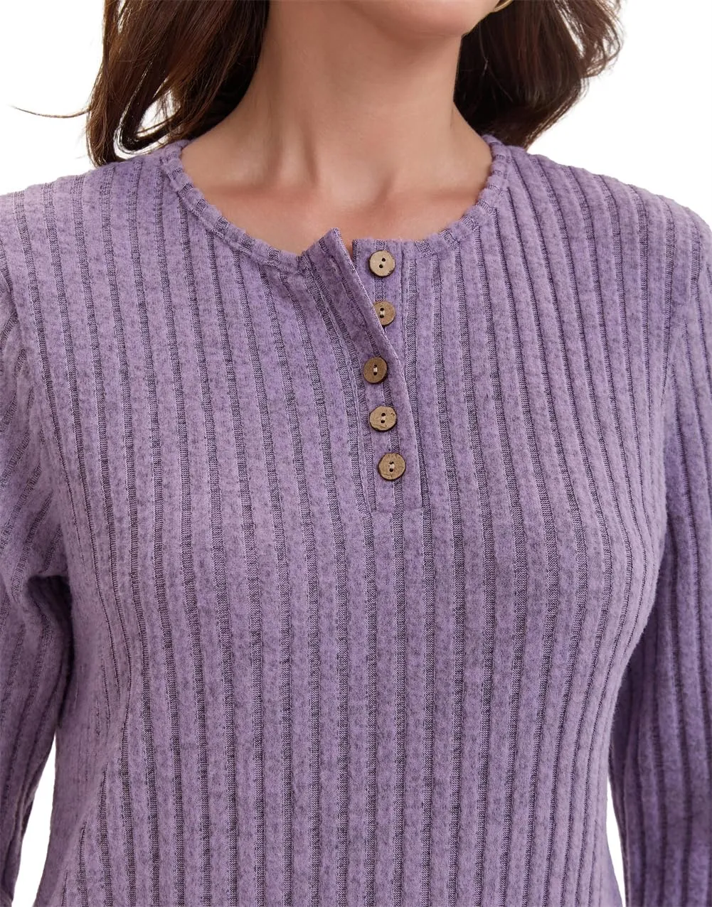 AirMood Camicetta da Donna Elegante Casual a Maniche Lunghe con Costine, Tunica Larga con Felpa, Porpora, L - immagine 4