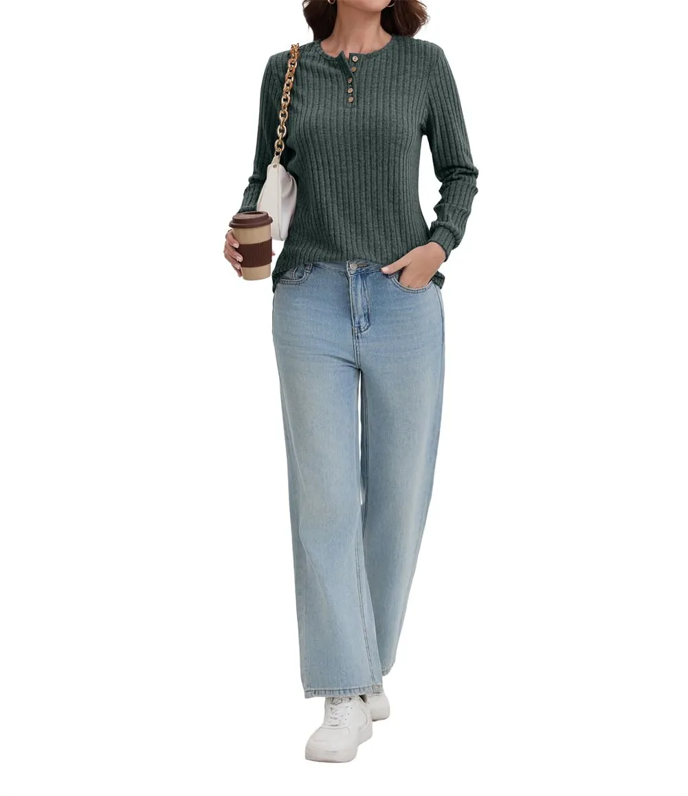 AirMood Camicette Eleganti Casual a Maniche Lunghe per Donne con Costine Top a Tunic Vestibilità Larga Magliette Sweatshirts Camicie, Verde, M - immagine 5